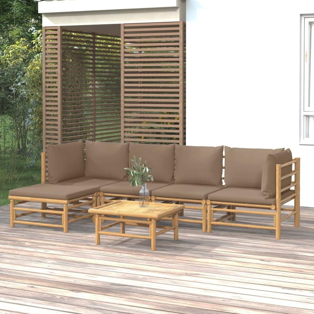 6 Piece Patio Lounge Set with Taupe Cushions Bamboo,Luxurious Bamboo Patio Lounge Set for Ultimate Outdoor Relaxation Patio Furniture, Outdoor Furniture Sets