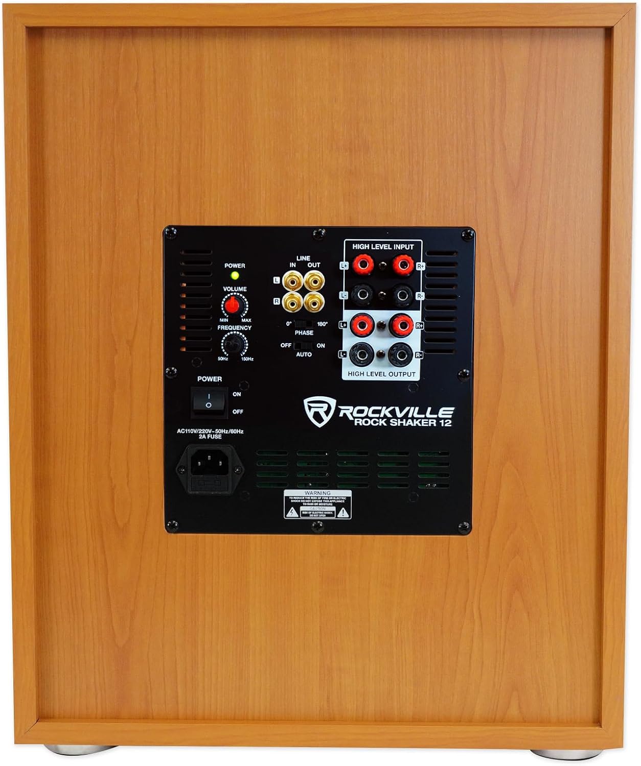 Rockville Rock Shaker 12 Wood 800W Peak/400W RMS Powered Home Theater Subwoofer 4 Ohm, Deep Bass, MDF Enclosure, RCA/High-Level Inputs, for Movies and Music