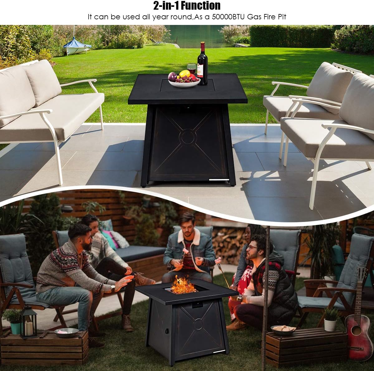 Giantex Gas Fire Table, 30 Inch Square Firepit Table 50,000BTU Fire Pits Tables w/Waterproof Cover, ETL and CSA Certification Patio Auto-Ignition Propane Heater Fireplace Table w/Lava Rock (Black)