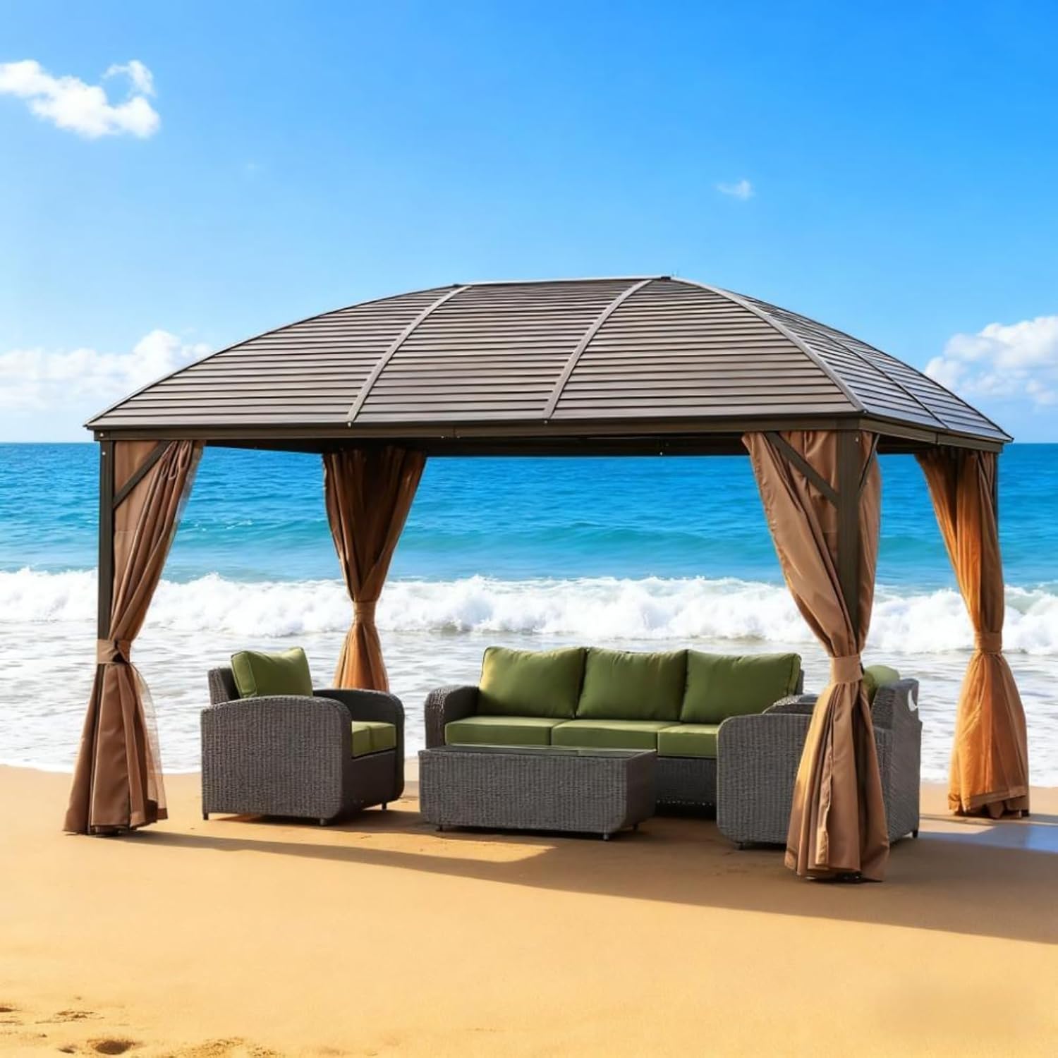 10' X 13' Hardtop Gazebo with Curtains and Netting, Outdoor Patio Metal Gazebo Canopy Pavilion with Steel Roof Ceiling Hook