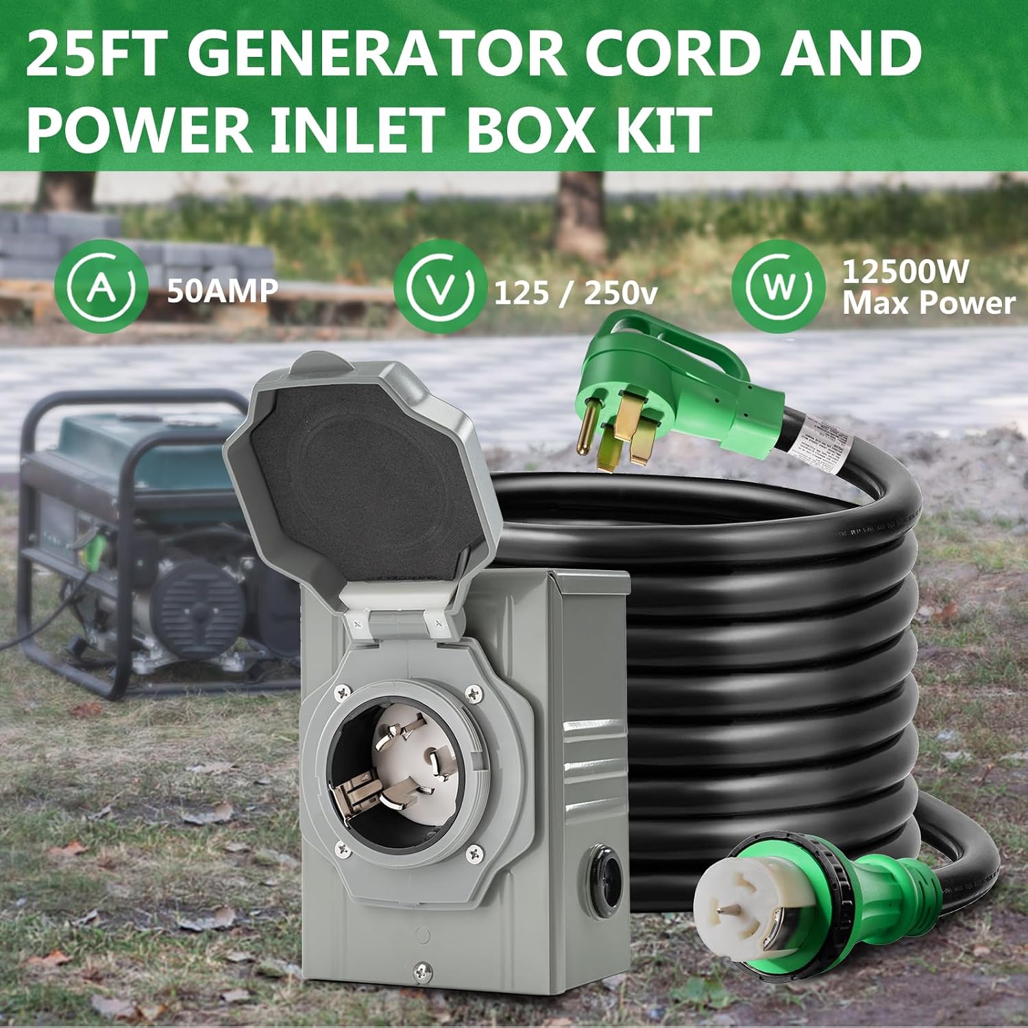 50 Amp Generator Cord and Power Inlet Box, Heavy Duty 25FT Generator Extension Cord, 125V/250V 50 Amp Generator Power Cord NEMA14-50P/SS2-50R ​for RV Truck Trailer (25FT)