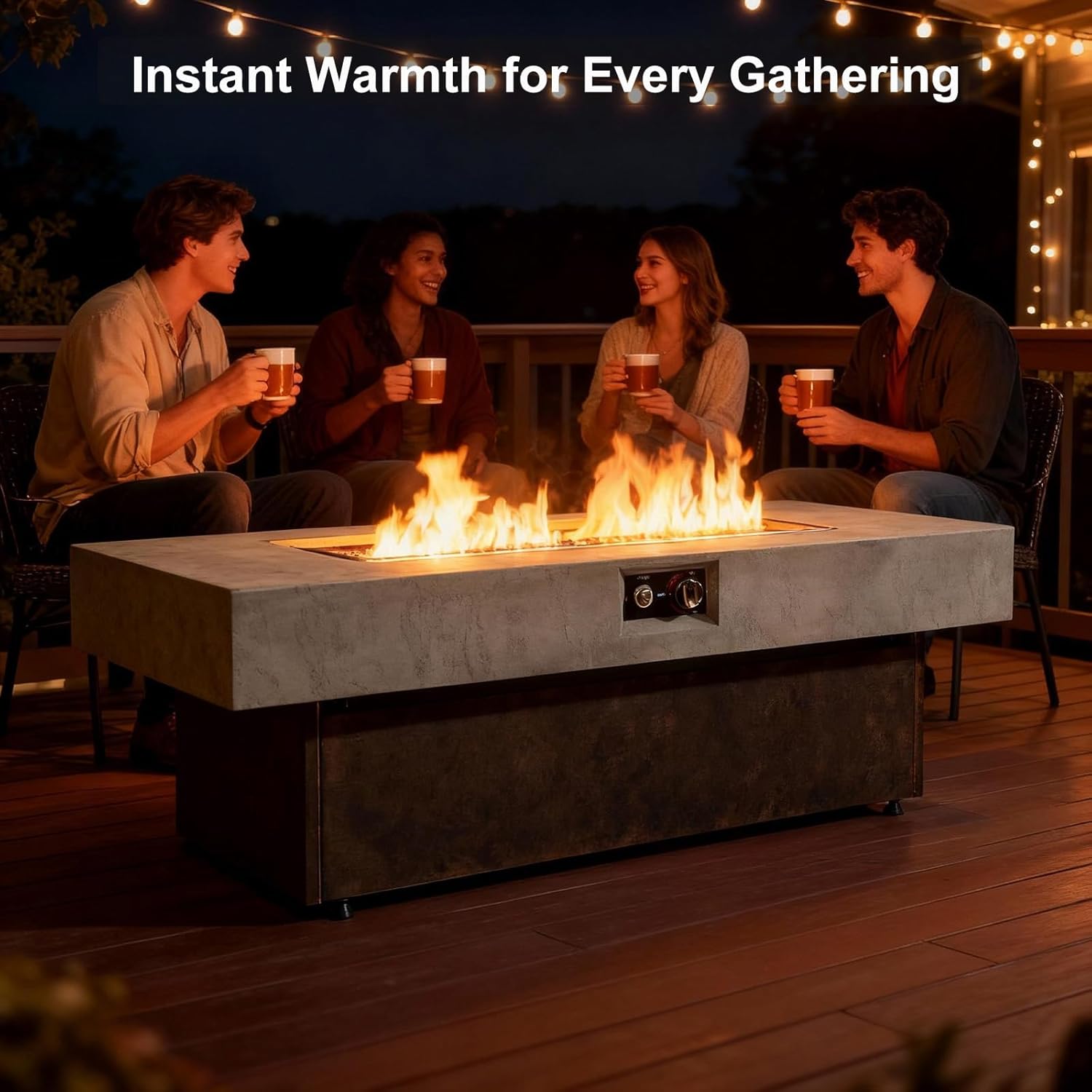 Propane Fire Pit Table, 55 Inch Firepits for Outside, Rectangle Gas Fire Pits for Outside Patio, Deck, Backyard, 50000 BTU, Free Waterproof Cover, Tank Outside, Tank Not Included, Brown+Gray