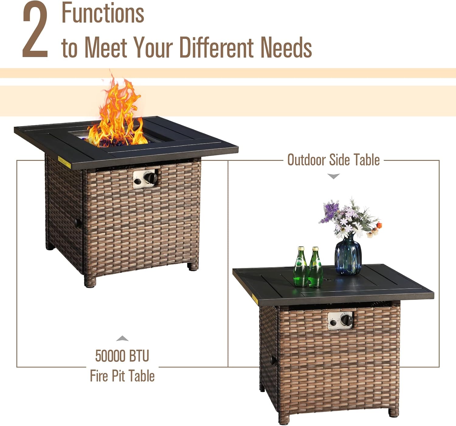 MFSTUDIO 32 Inch PE Rattan Gas Fire Pit Table,50000 BTU Square Outdoor Propane Fire Pit Table with Waterproof Cover and Blue Stone for Patio Courtyard Balcony,Brown