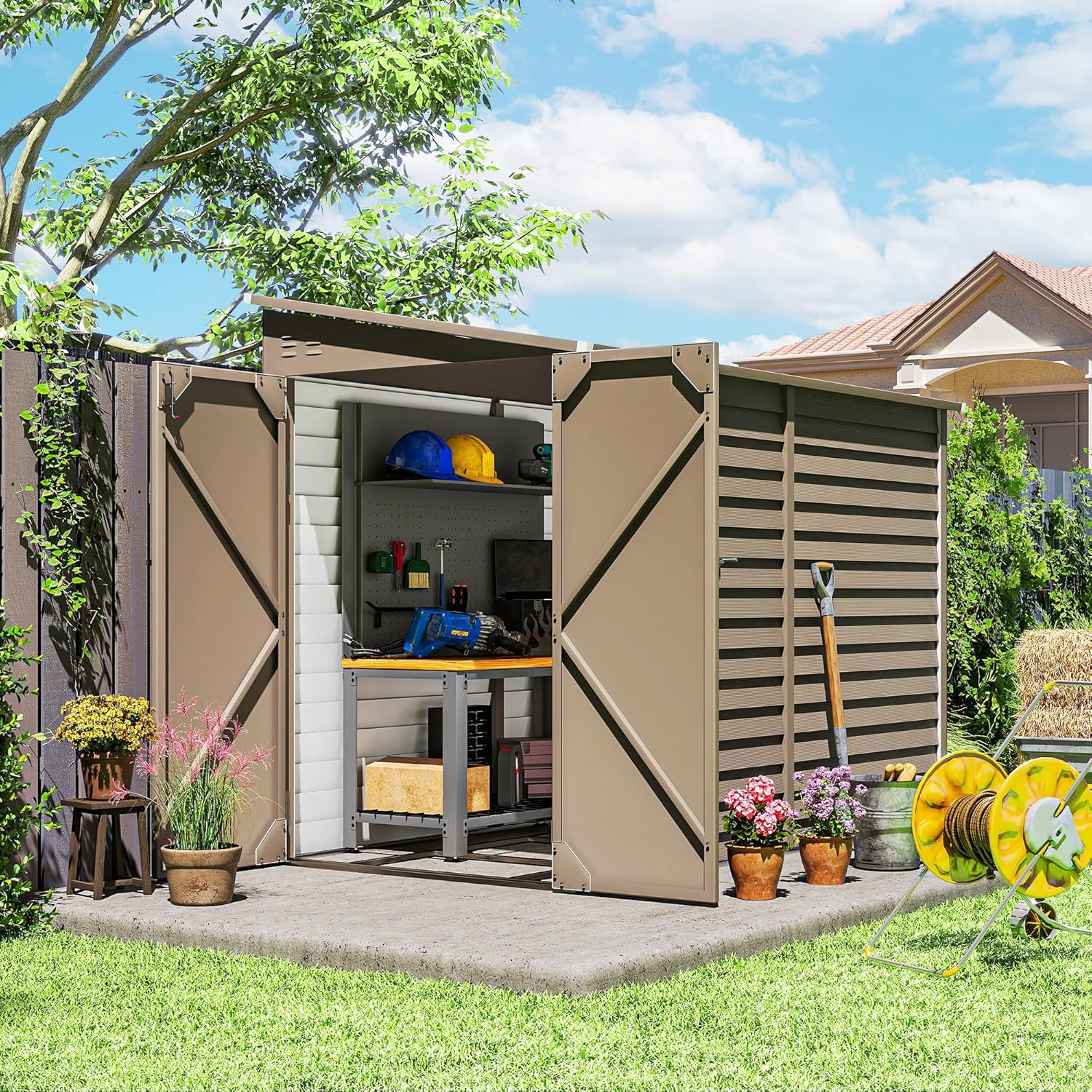 Outsunny 4.6' x 9' Steel Outdoor Storage Shed, Lean to Shed, Metal Tool House with Foundation Kit, Lockable Doors, Gloves and 2 Air Vents for Backyard, Patio, Lawn, Brown