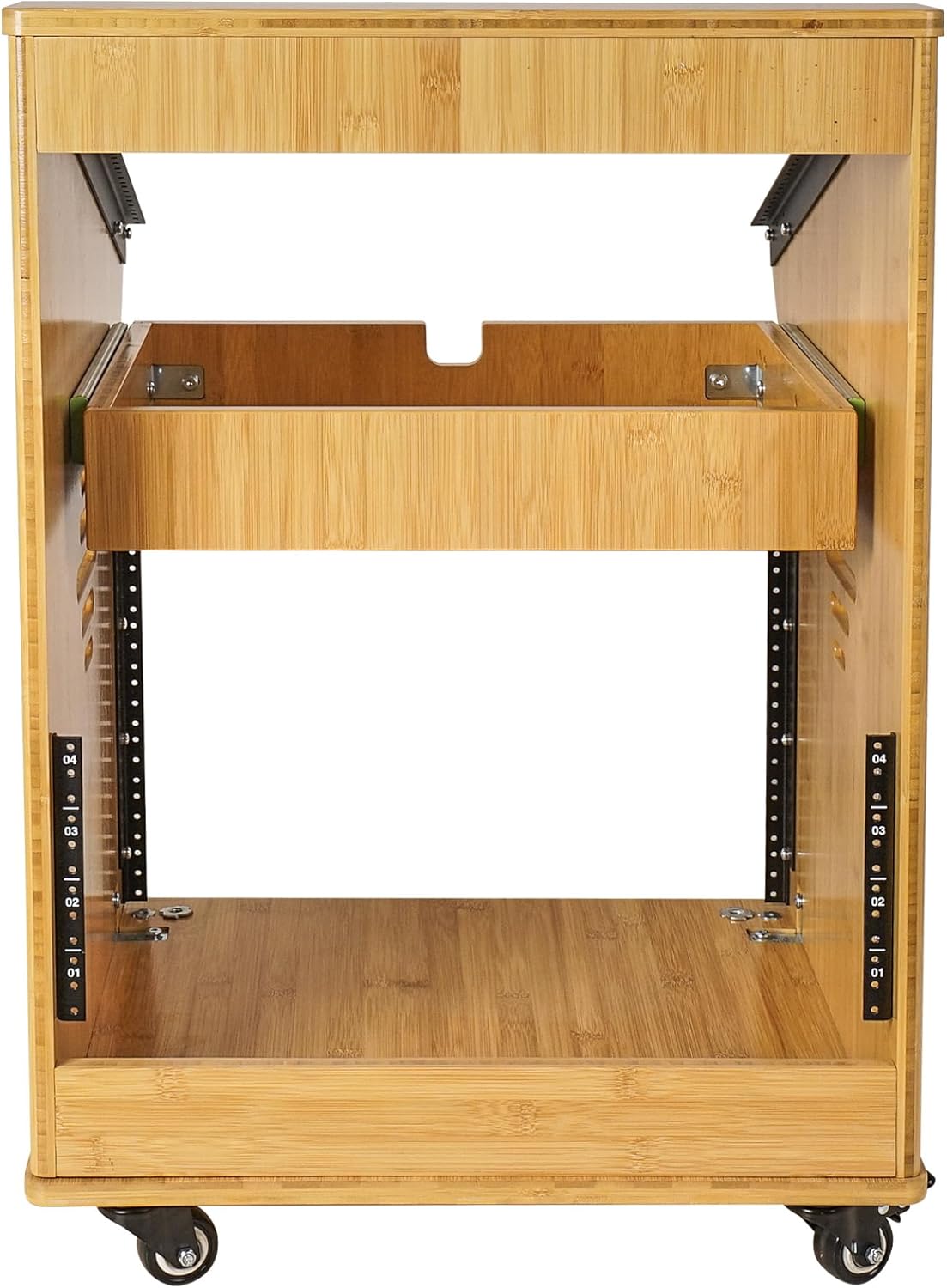 Sound Town DIY Solid Carbonized Bamboo Studio Rack with 11U Slant Mixer Top, 8U Front, 2U Drawer, Rubber Feet, Casters, for Recording Room, PA/DJ Equipment, Home-Audio (STBR-M11X8)