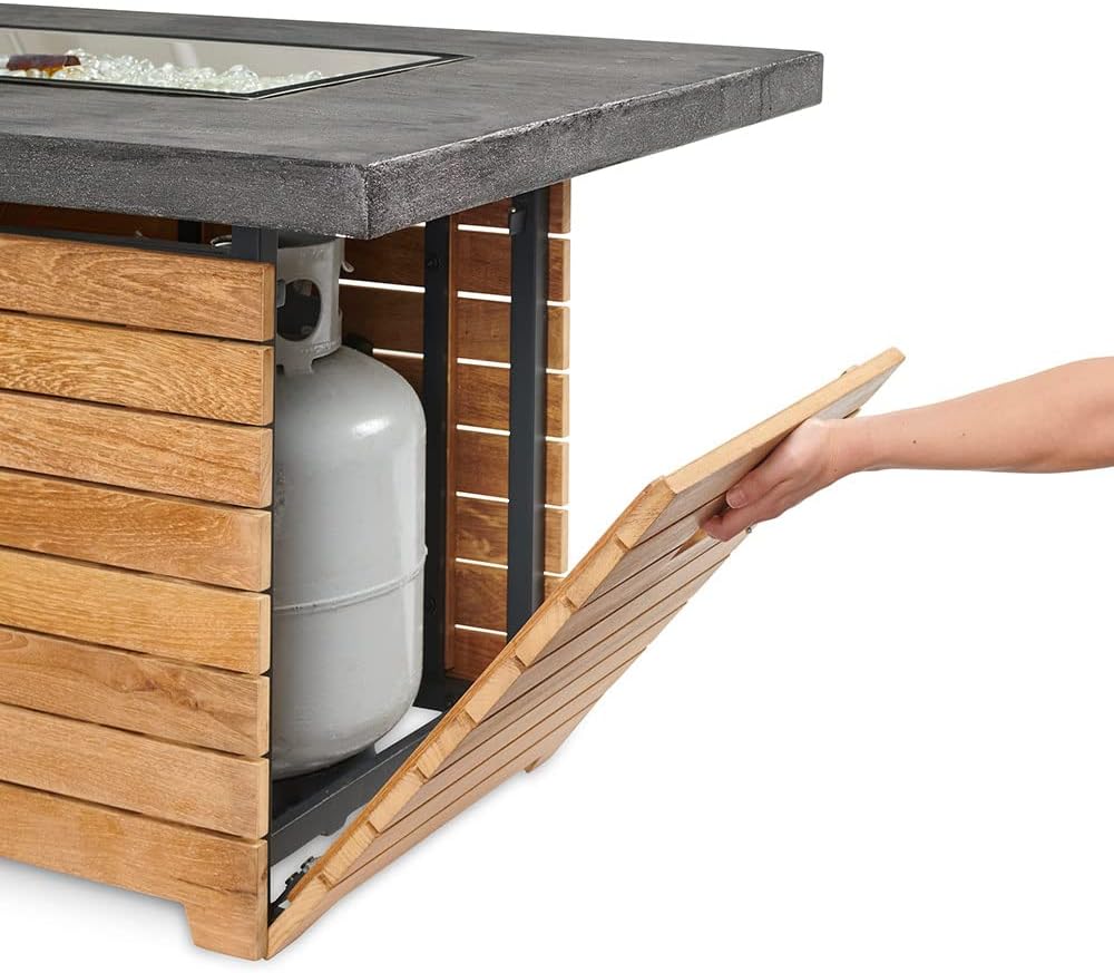 Outdoor GreatRoom Co Propane Fire Pit Table - Darien Gas Fire Pits for Outside Patio - 44 Inch Rectangular Everblend Concrete Firepit Fire Table, Wood Base, Glass Tabletop Cover, 55,000 BTU - Grey