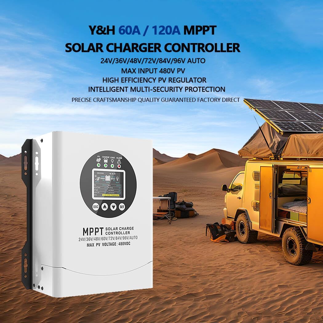 Y&H 120A MPPT Solar Charger Controller Max Input 480V PV, with 24V-96V Auto Battery Recognition, Gel/Flooded/Lithium Compatible - High Efficiency PV Regulator