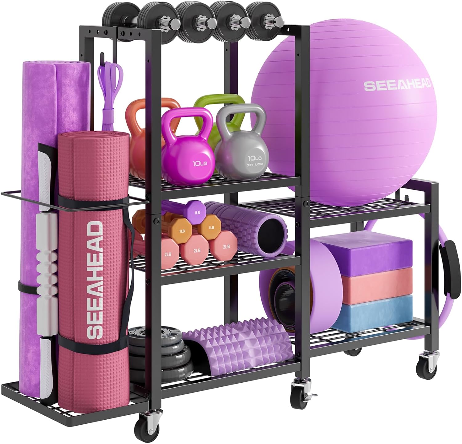 6-Tier Home Gym Storage Rack with Wheels, Dumbbell Weight Rack and Yoga Mat Organizer, Multi-Purpose Gym Equipment Storage Stand for Home Gym Accessories