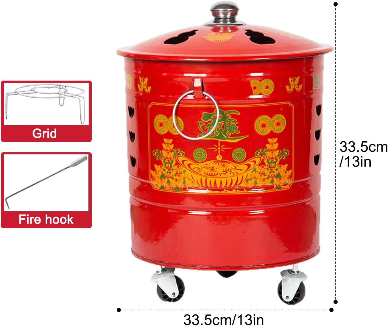 Incinerator, Burn Barrel with Lid, Portable Burn Cage with Wheels, Metal Fire Pit, Trash Burning Containers with Grid Support(33.5cm/13in)
