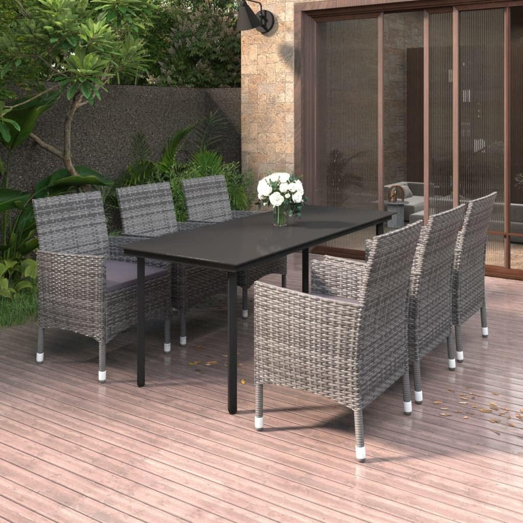 7-Piece Garden Dining Set, Grey PE Rattan Outdoor Table and Chairs, Powder-Coated Steel Frame, Large Rectangular Patio Furniture Set for Balcony, 6 Person Seating