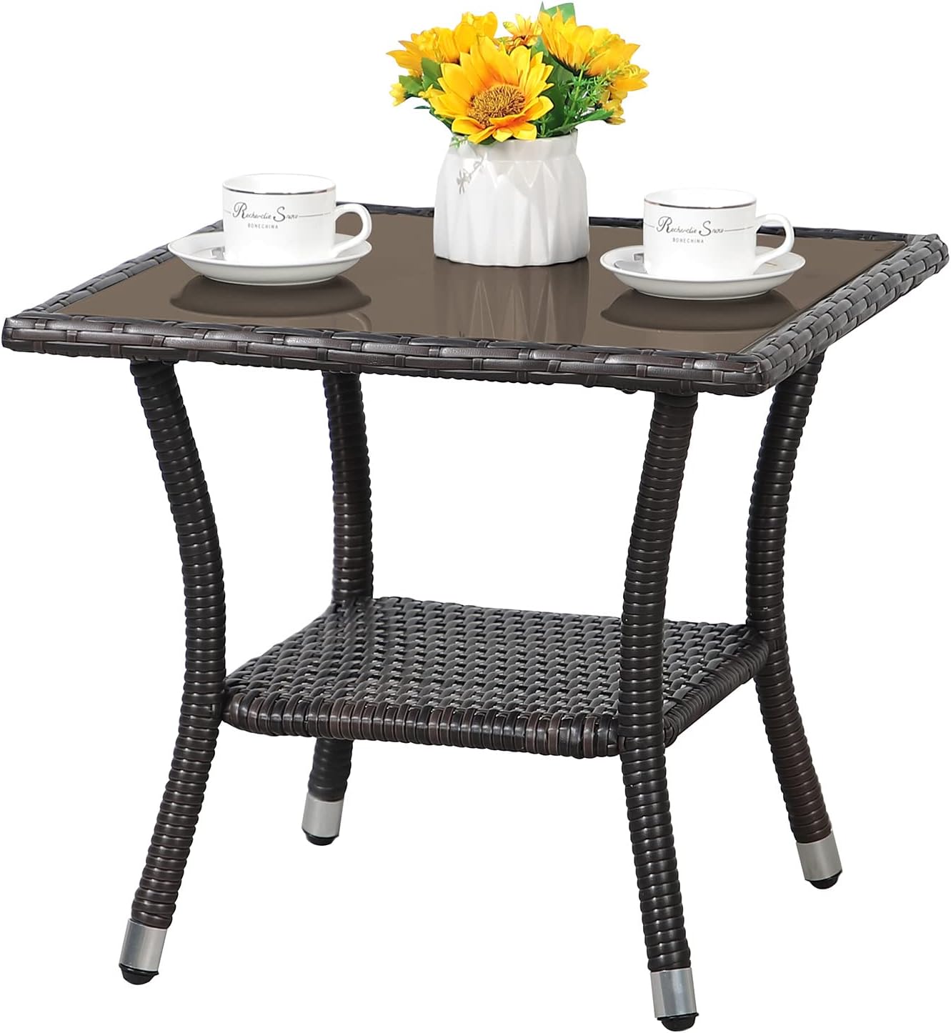 Patiorama Outdoor Wicker Patio Side Table, Weather Resistant Rattan Coffee Table, Square End Table, Aluminum Frame, Espresso Brown