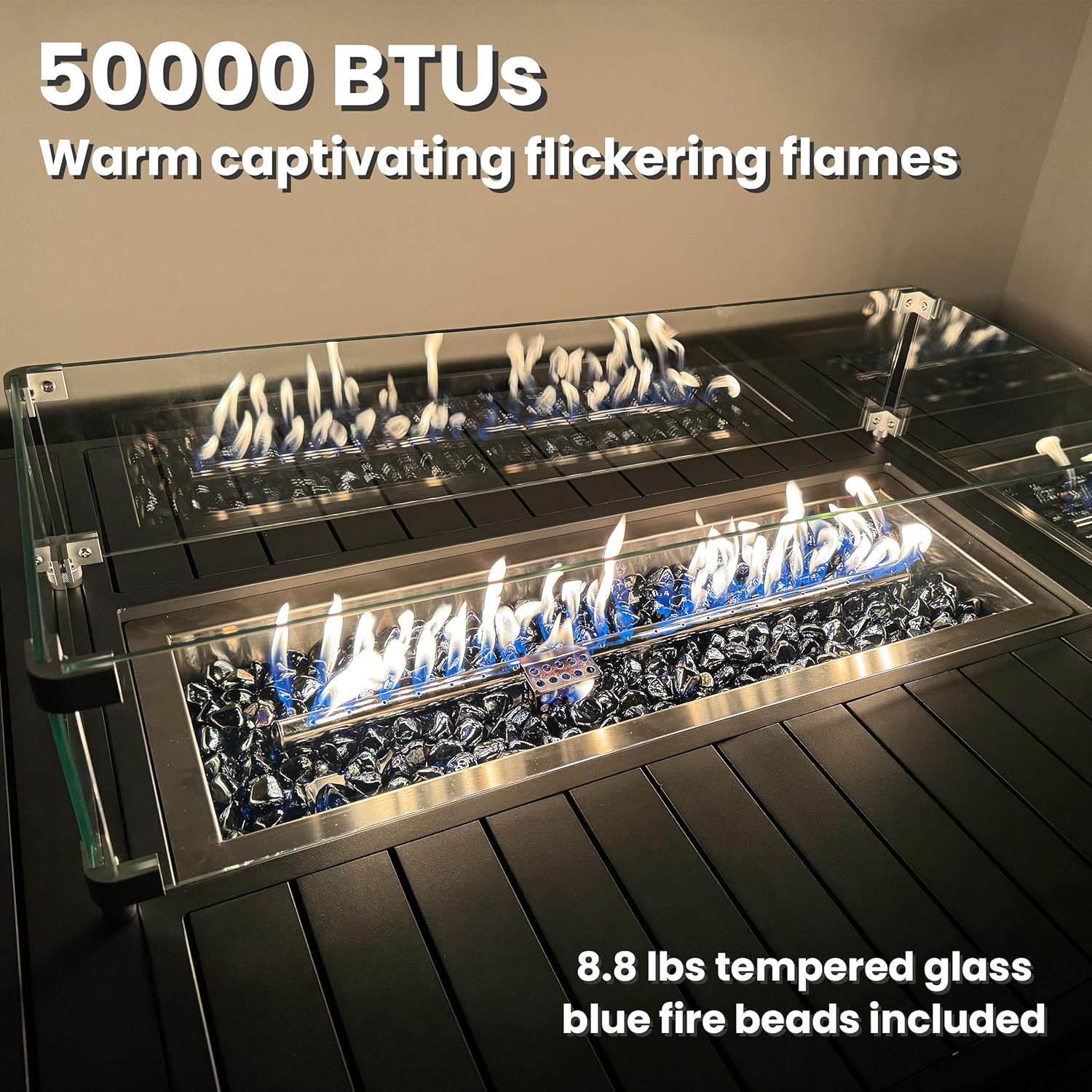 Rectangle Propane Fire Pit Table: 43'' Patio Gas Fire Table 50000 BTU - Rustproof Aluminum Tabletop Firepit Wind Guard Glass Beads - Outdoor Heating for Dining Party Garden Deck - Dark Gray