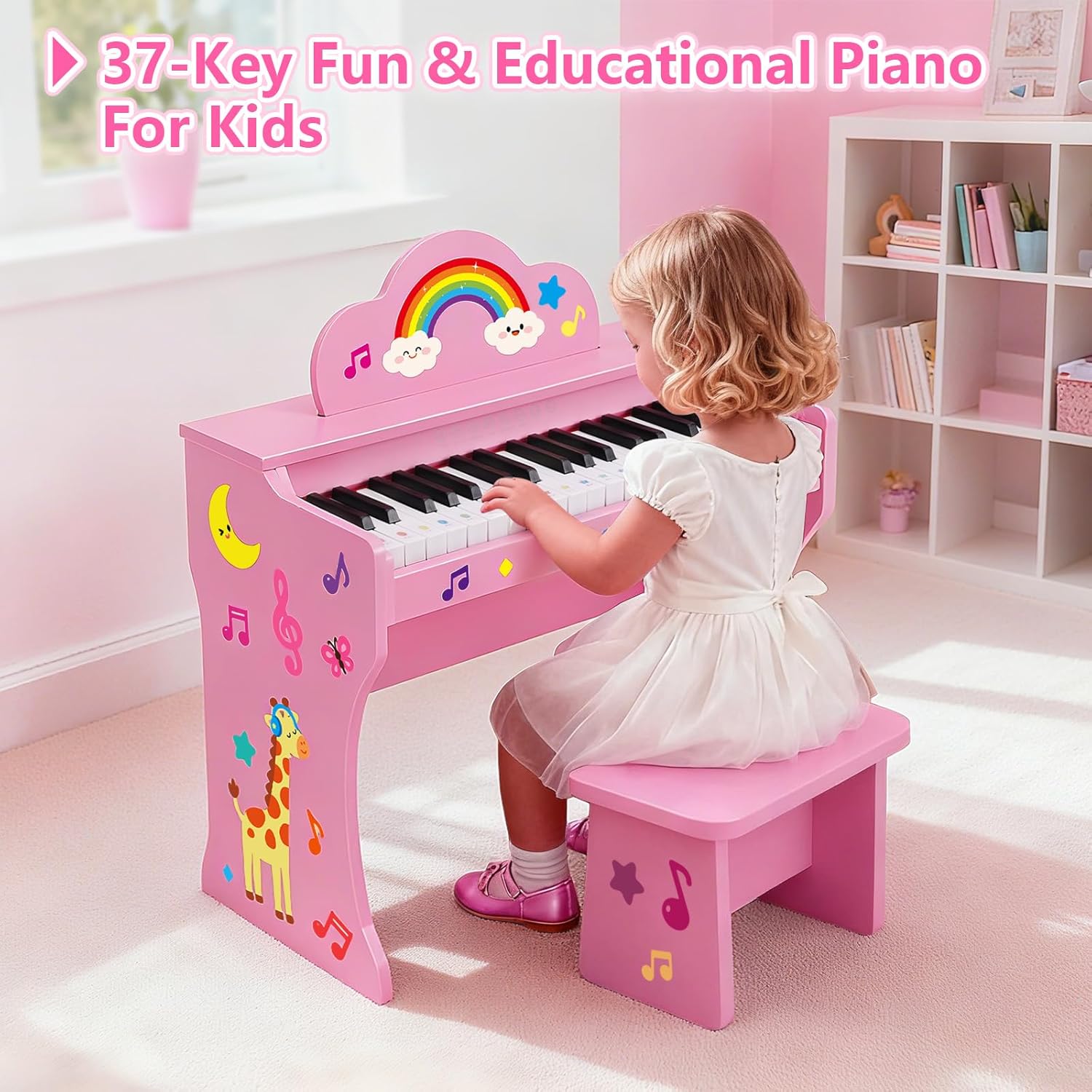37 Keys Kids Keyboard Piano, Kids Piano Wooden Toy With Stool, DIY Stickers, Song Book, Cover, Education Musical Instruments for Girls&Boys Ages 3+