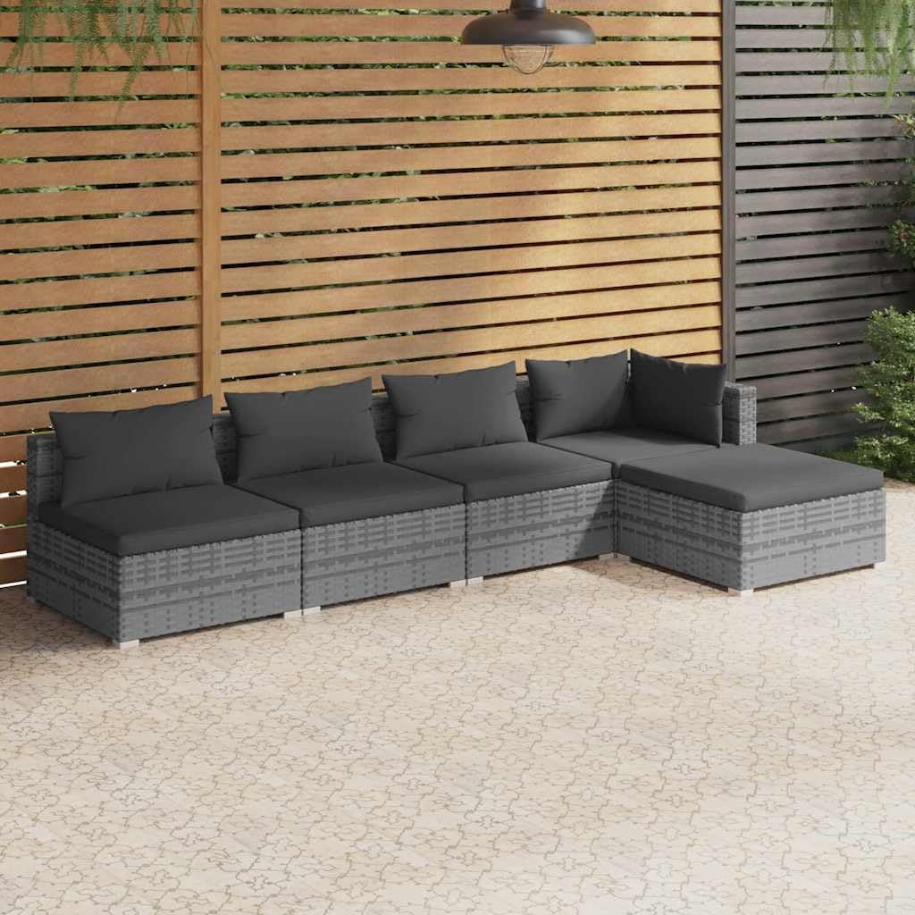 5-Piece Garden Lounge Set, Gray PE Rattan, Powder-Coated Steel, Outdoor Patio Furniture Set with Cushions, Modern Balcony Furniture, Weather-Resistant
