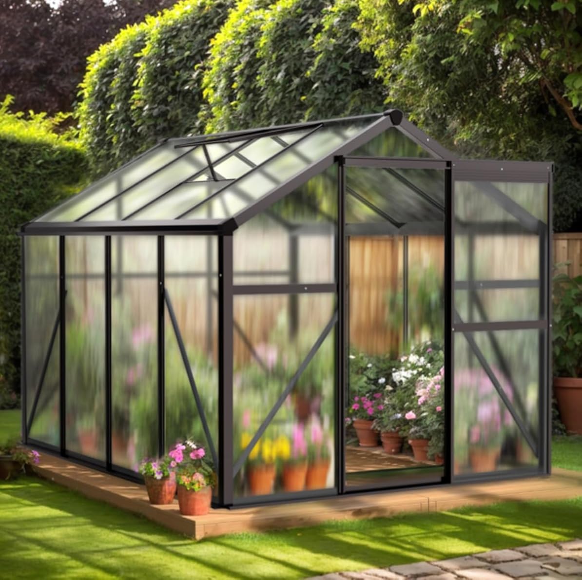 Outdoor Greenhouse Heavy Duty with Hybrid Polycarbonate Panels Strong Aluminum Frame to Withstand Strong Winds & Snowstorm Large Walk-in Winter Green Houses for Outside Garden Backyard (Black 6x10Ft)