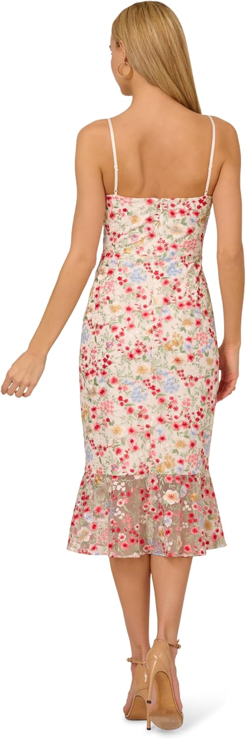 Adrianna Papell Womens Embroidered Mesh Midi Dress