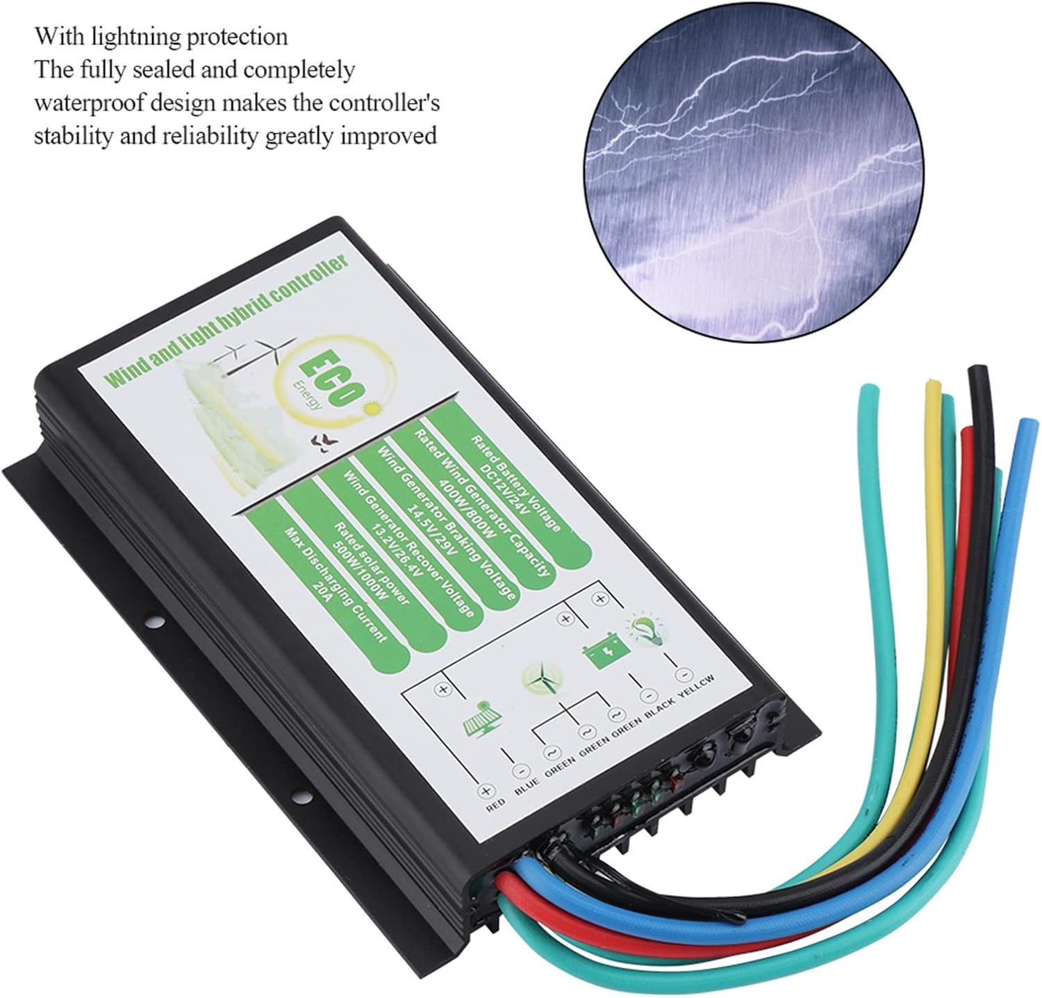 DC 12V/24V Wind and Solar Hybrid Controller, 400W/800W Power Devices, MGT Charging Mode with Temperature Compensation, All Aluminum Casing for Optimal Heat Dissipation, with