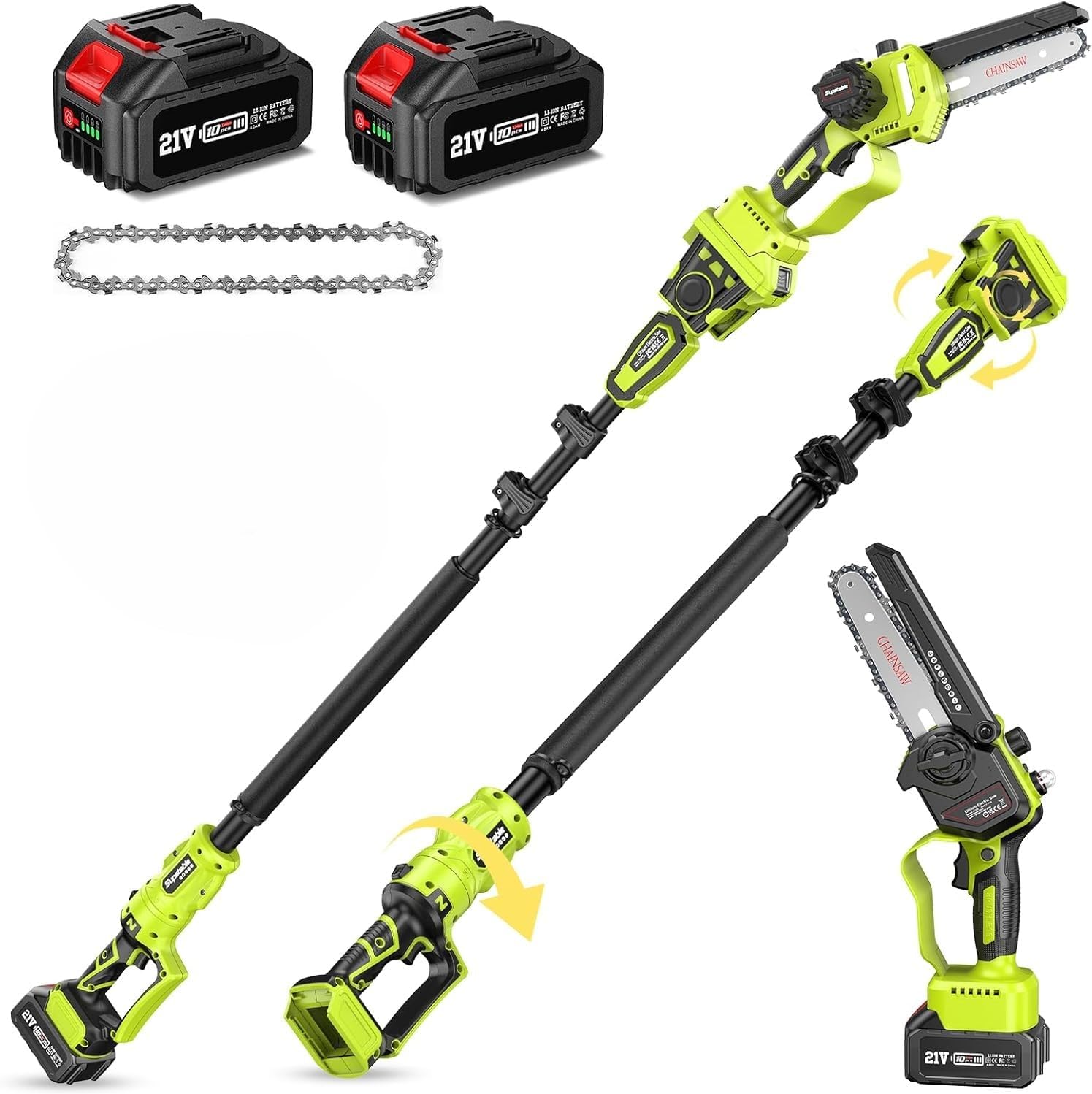 Cordless 10-Inch Pole Saw and Chainsaw 2 in 1, Electric Pole Saws for Tree Trimming with 2×4000mAh Battery, 20V Brushless Chain Saw with Extension Pole, 16Ft Max Reach, Tree Trimmer Limb Branch Cutter