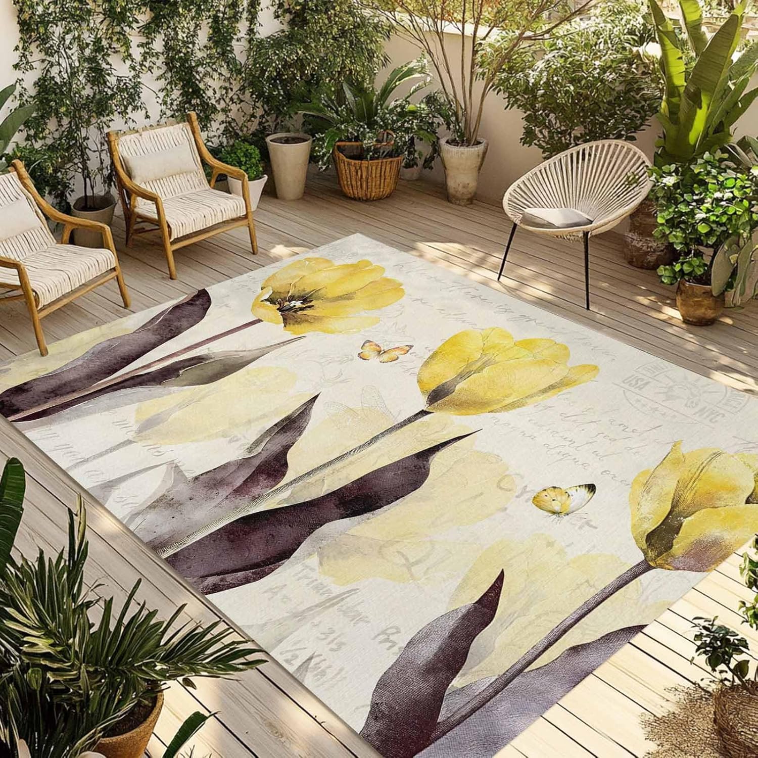 Outdoor Rug Yellow Tulip Patio Rug 6' x 9', Rustic Floral Brown Leaves Butterfly Vintage Beige Indoor Outdoor Area Rugs, Washable Large Floor Rug Mats for Patio, Deck, Backyard