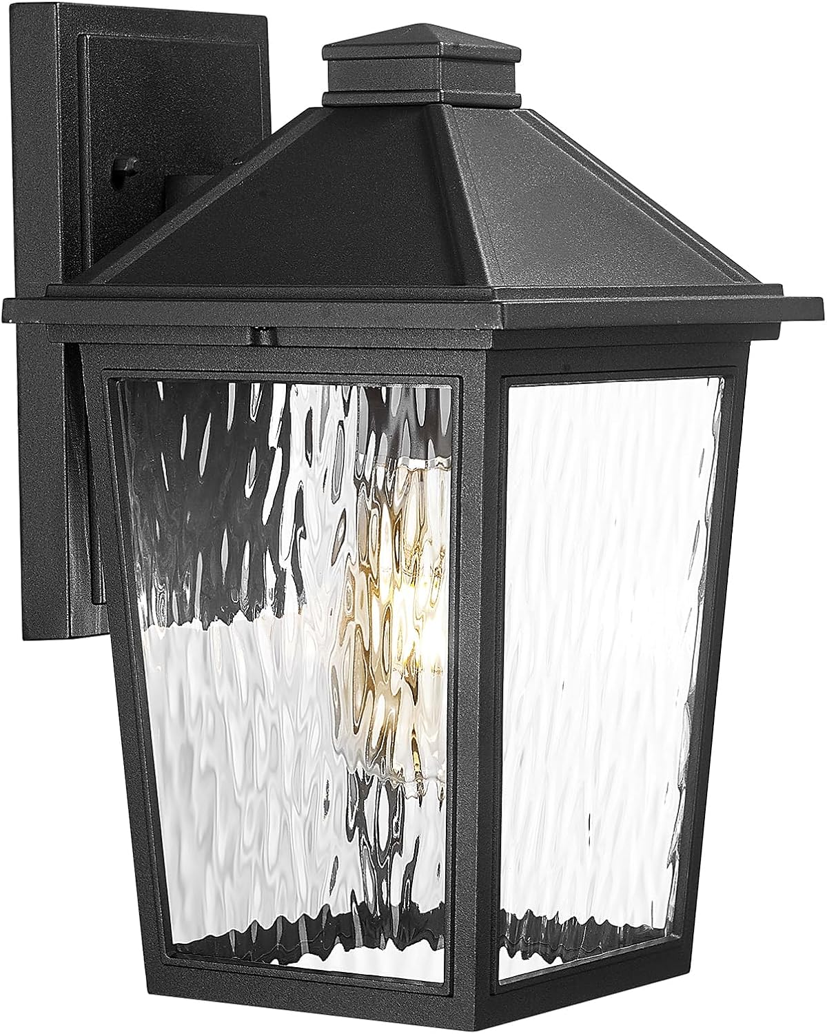 Outdoor Wall Light Fixture, HWH Exterior Wall Sconce Lantern, Outdoor Porch Lights Wall Mounted with Water Ripple Glass for Patio Doorway Garage, Matte Black Finish, 5HX64BM-SW BK(Large)
