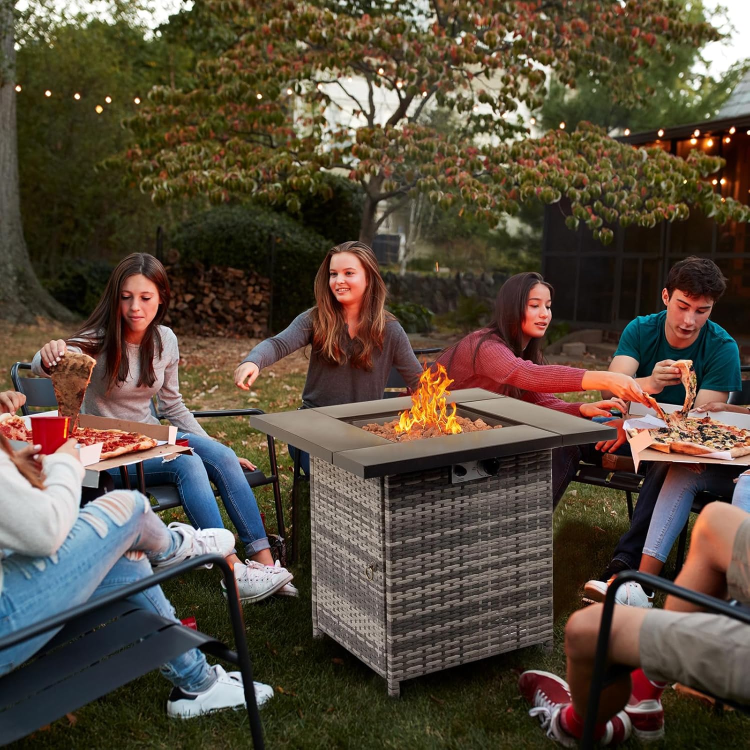 28 inch Wicker Propane Fire Pit Table, CSA-Certified, Outdoor Patio Fire Pit Table 50,000 BTU Gas Firepits with Lid and Lava Rocks for Deck Garden Backyard (28 inch)