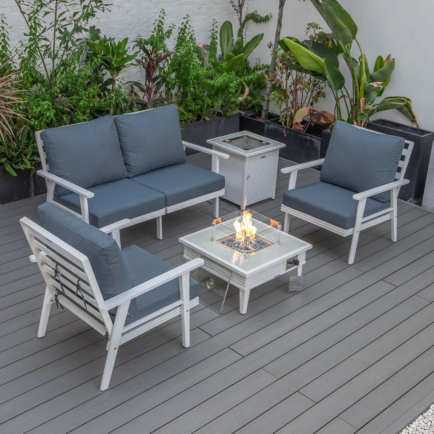 LeisureMod Walbrooke Modern Aluminum 5-Piece Patio Conversation Set with Outdoor Square Fire Pit Table with Slats Design & Side Table Tank Holder (Navy Blue)
