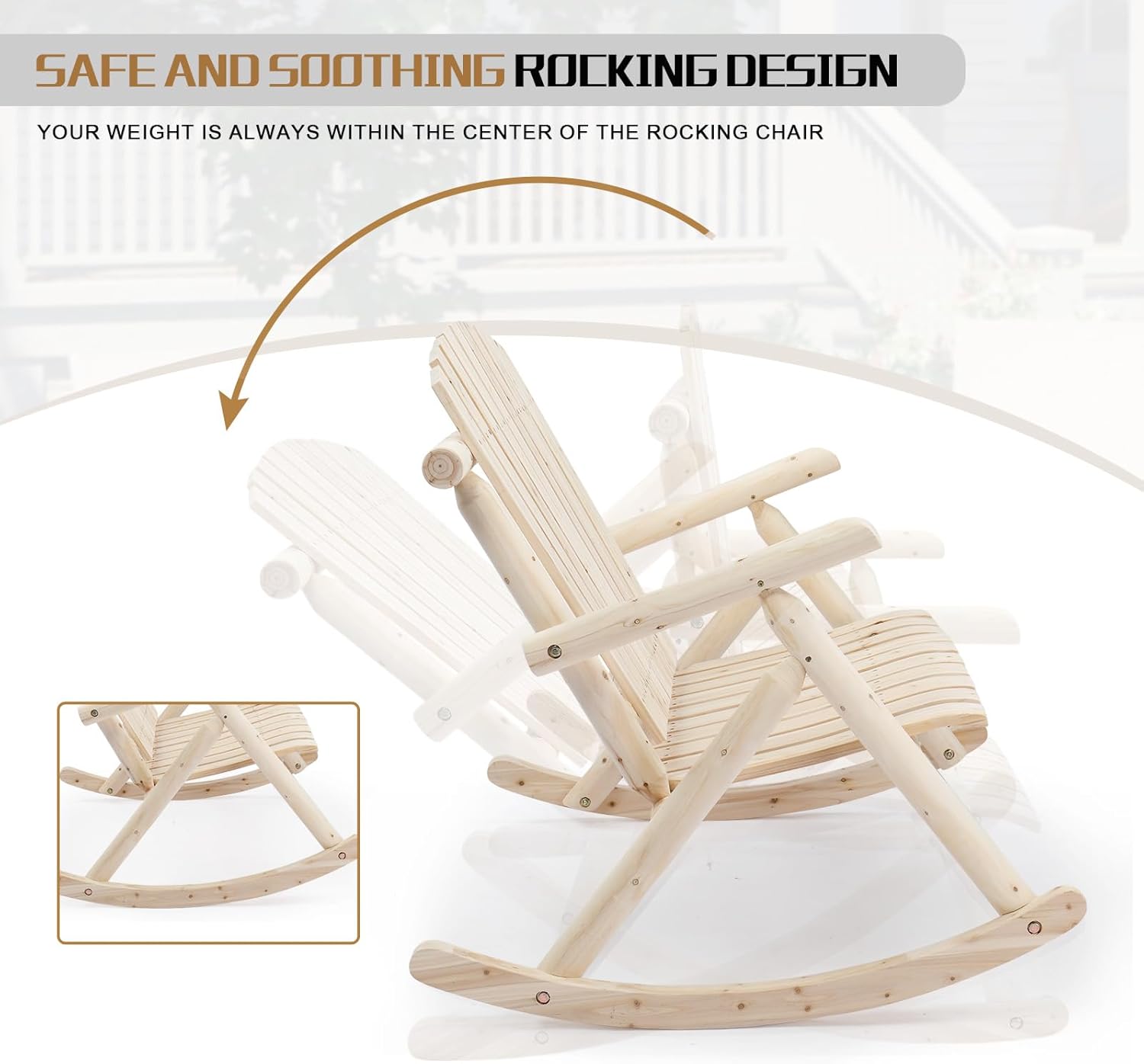 Outvita 2-Person Wood Rocking Chair, Fir Log Adirondack Rocker, Outdoor Wood Accent Furniture Lounge Chairs with Wide Curved Seats for Garden Patio Backyard Porch (Natural Finish)