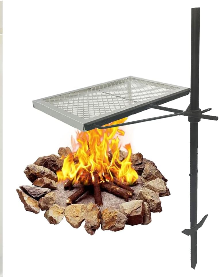 Open Fire Cooking Grill, Camping Cooking Tool Rotating Campfire Grill,Fire Pit Grill,Heavy Duty Steel Grill,Cooking Grill Stand, Multifunction Fire Pit Grill for Outdoor Barbecue Camping Garden Dinner
