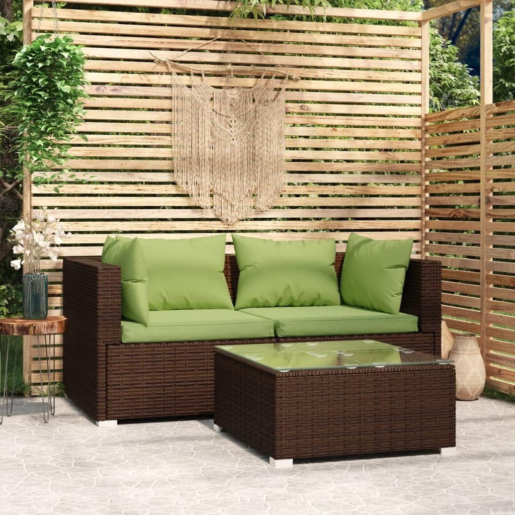 3 Piece Patio Lounge Set with Cushions Brown Poly Rattan,Brown Rattan Patio Lounge Set with Green Cushions for Outdoor Comfort Furniture Sets for Patio, Lawn & Garden