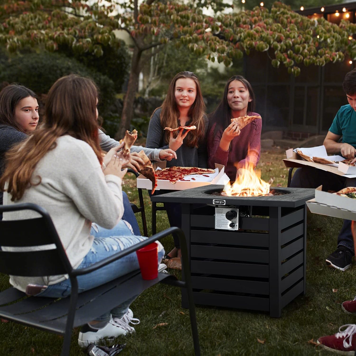 Tangkula 32-Inch Outdoor Propane Fire Pit Table, Patiojoy 50,000 BTU Square Gas Fire Pit with Ore Powder Tabletop, Adjustable Flame, Lava Rocks, PVC Cover for Patio, Poolside, Garden