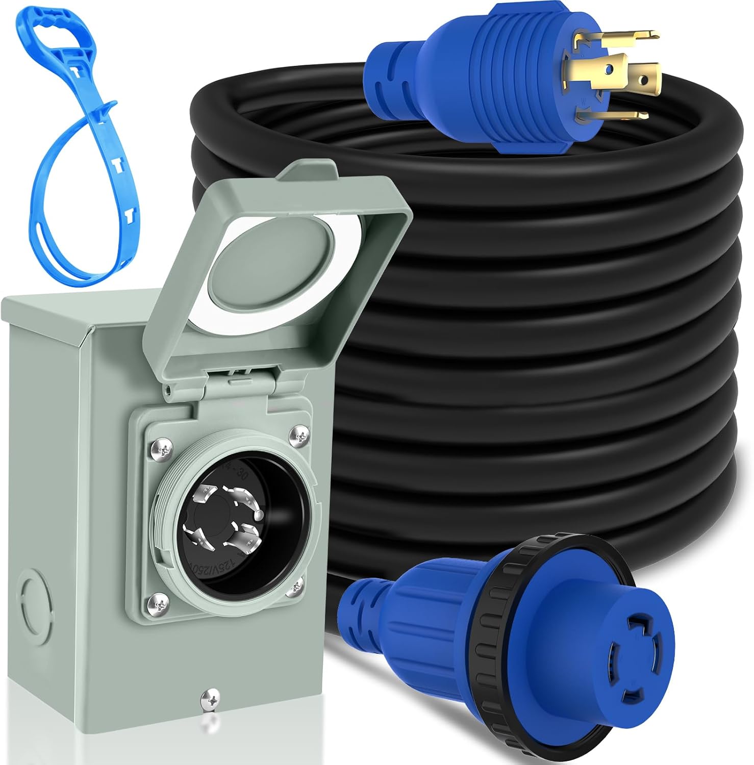 PAULINN 30 Amp Generator Cord (25 FT) and 30Amp Generator Power Inlet Box, NEMA L14-30P to L14-30R Twist Locking Adapter Plug & Cord Organizer, ETL Listed, Weatherproof, Emergency Power Combo Kit