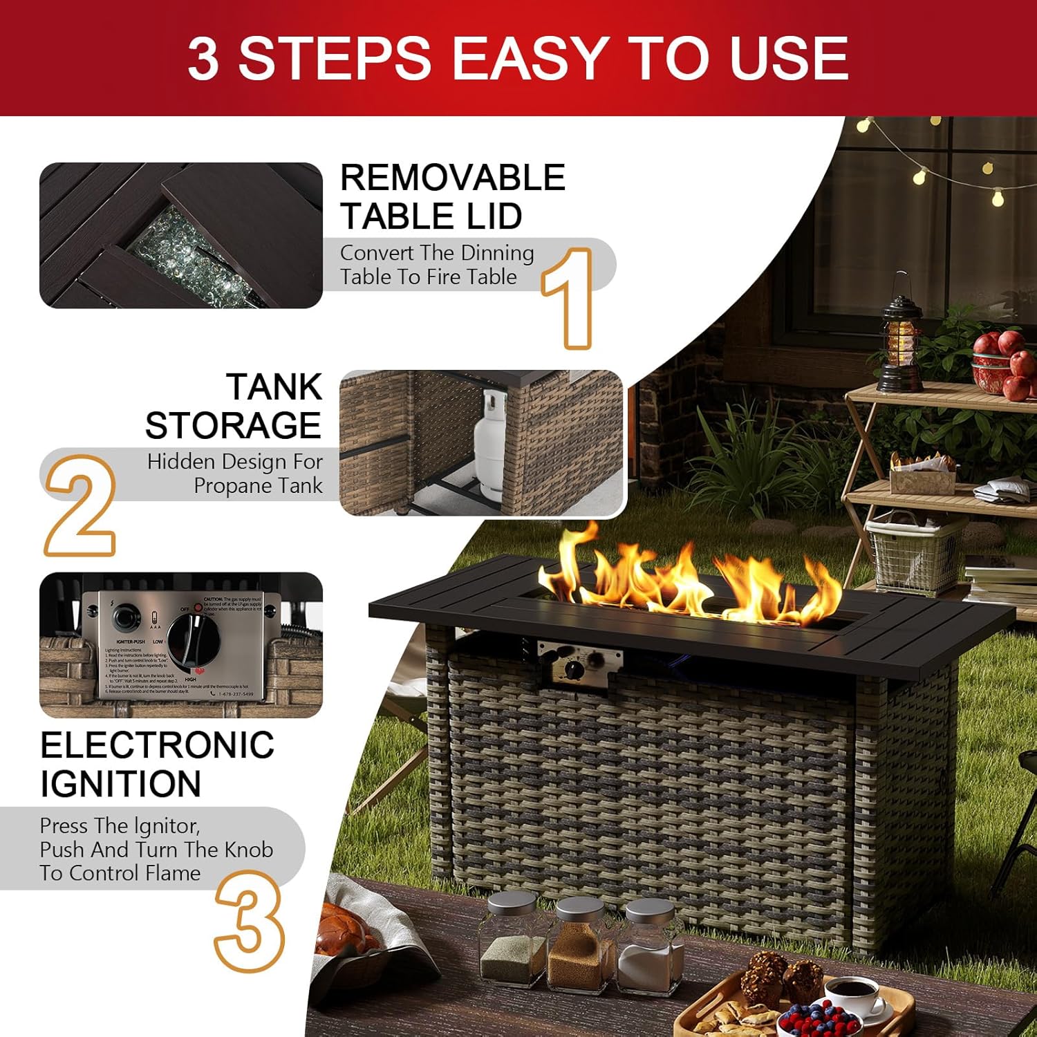 44IN Yellow-Brown Wicker Gas Fire Pit Table with Side Door, Propane Powered, 50000 Btu