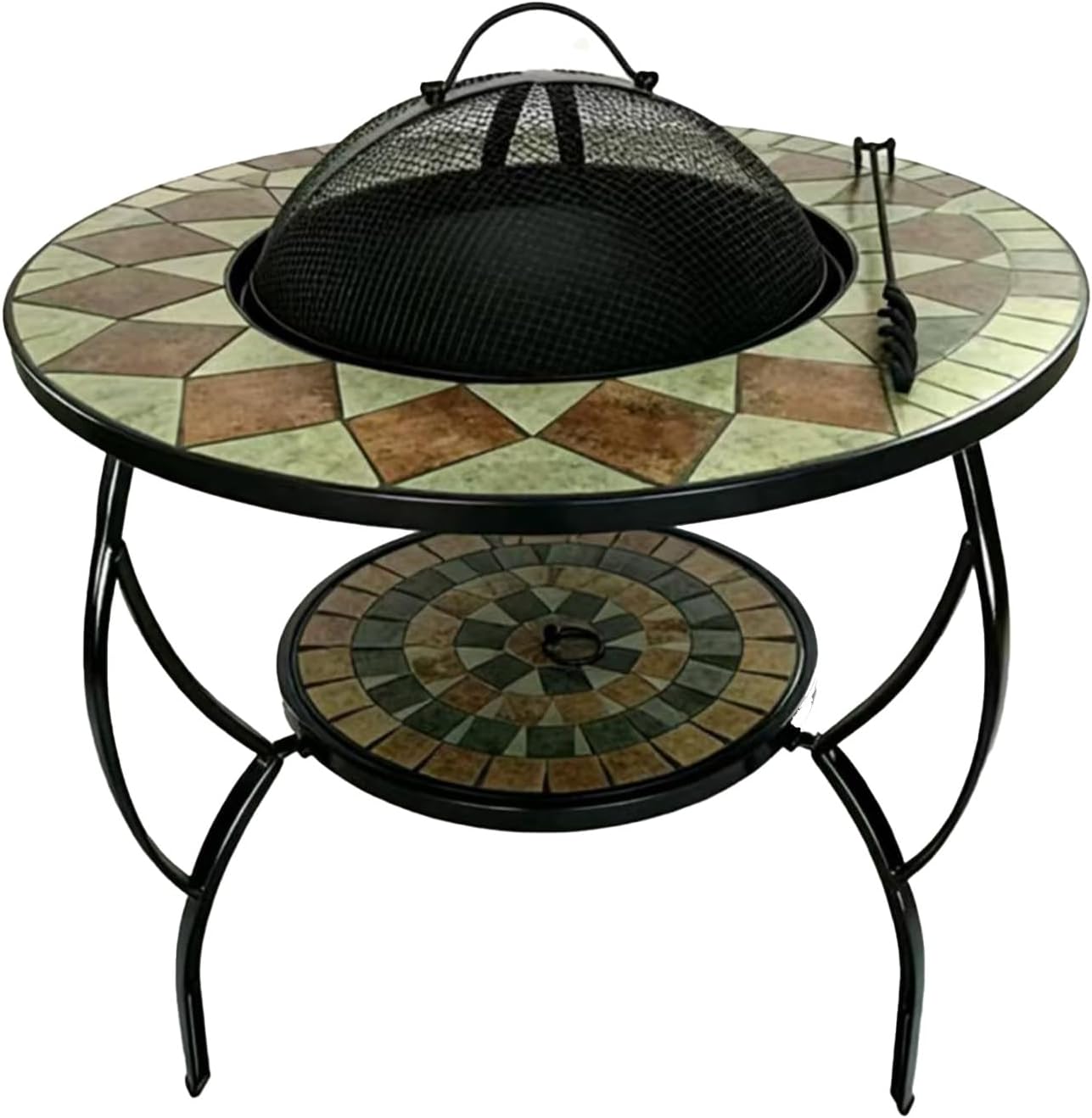 Mosaic Tile Fire Pit with Stand, Outdoor Garden Patio Heater, Blue and White Pattern, Metal Frame, Two-Tier Design (Color on The Picture)