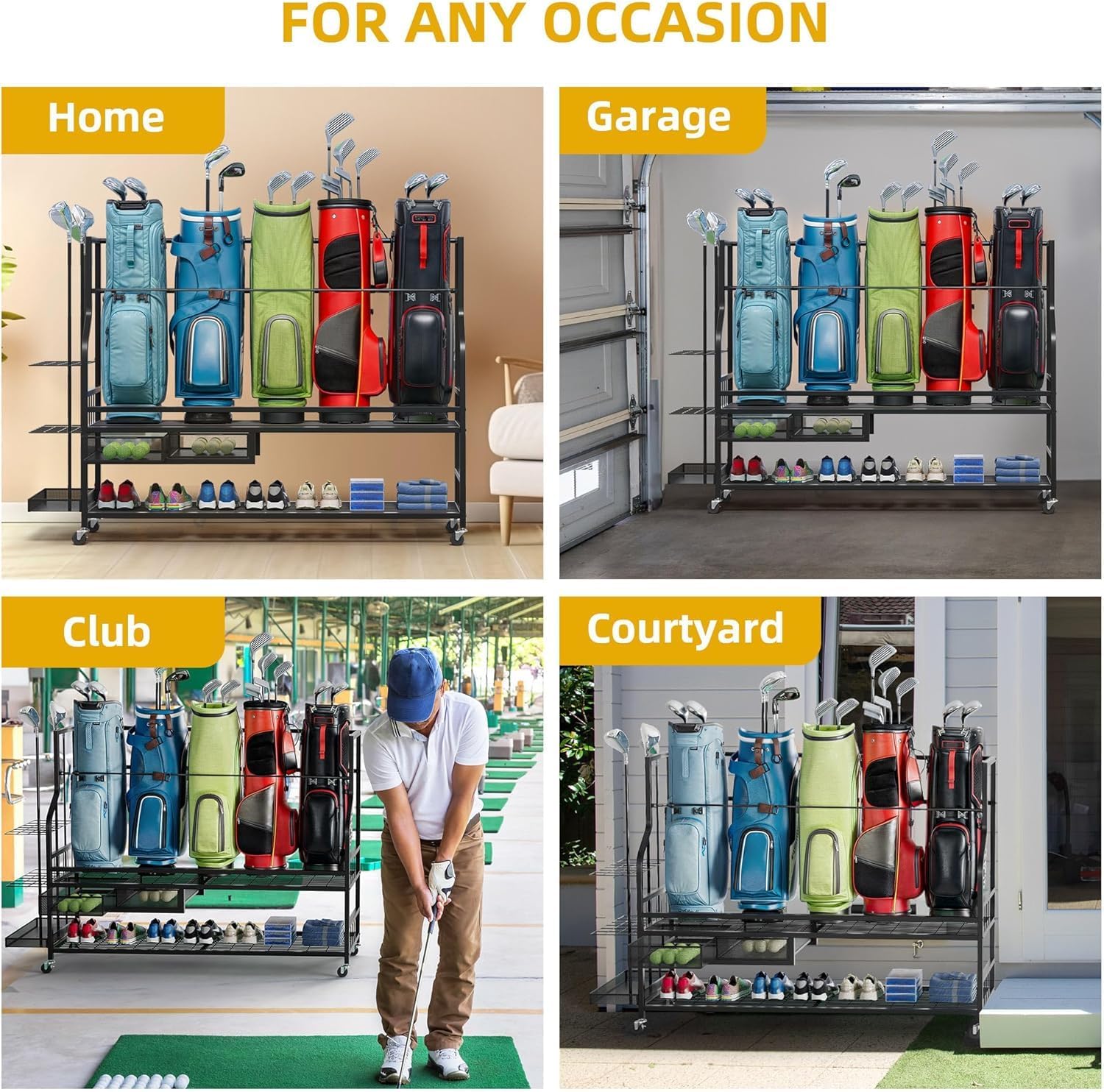 DWVO Golf Bag Organizer for Garage, Golf Storage Organizer w/Wheels for Garage Club and Shed, Golf Bag Storage Rack w/Drawer for Golf Bags, Clubs, Balls and Other Equipment Accessories