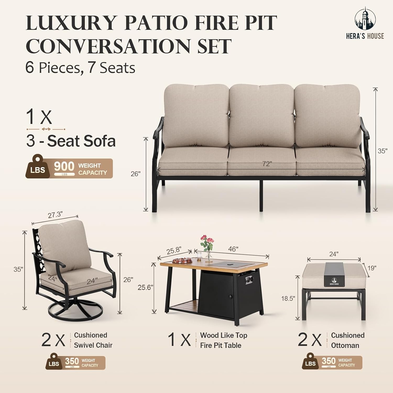 HERA'S HOUSE 6 Pieces Patio Furniture Set with Fire Pit Table, 2 x Swivel Chair, 2 x Ottoman, 3-Seat Sofa with 46