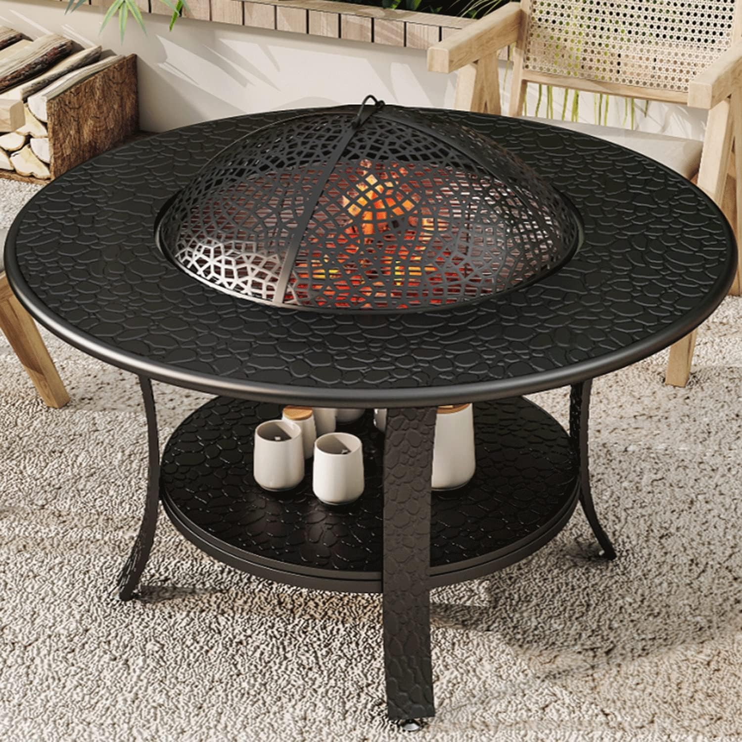 Campfire Set, Wood Burning Pit, Patio Fire Pit, Wood Burning with Mesh Spark Screen, Campfire Outdoor Fire Pit, Poker with Fireplace