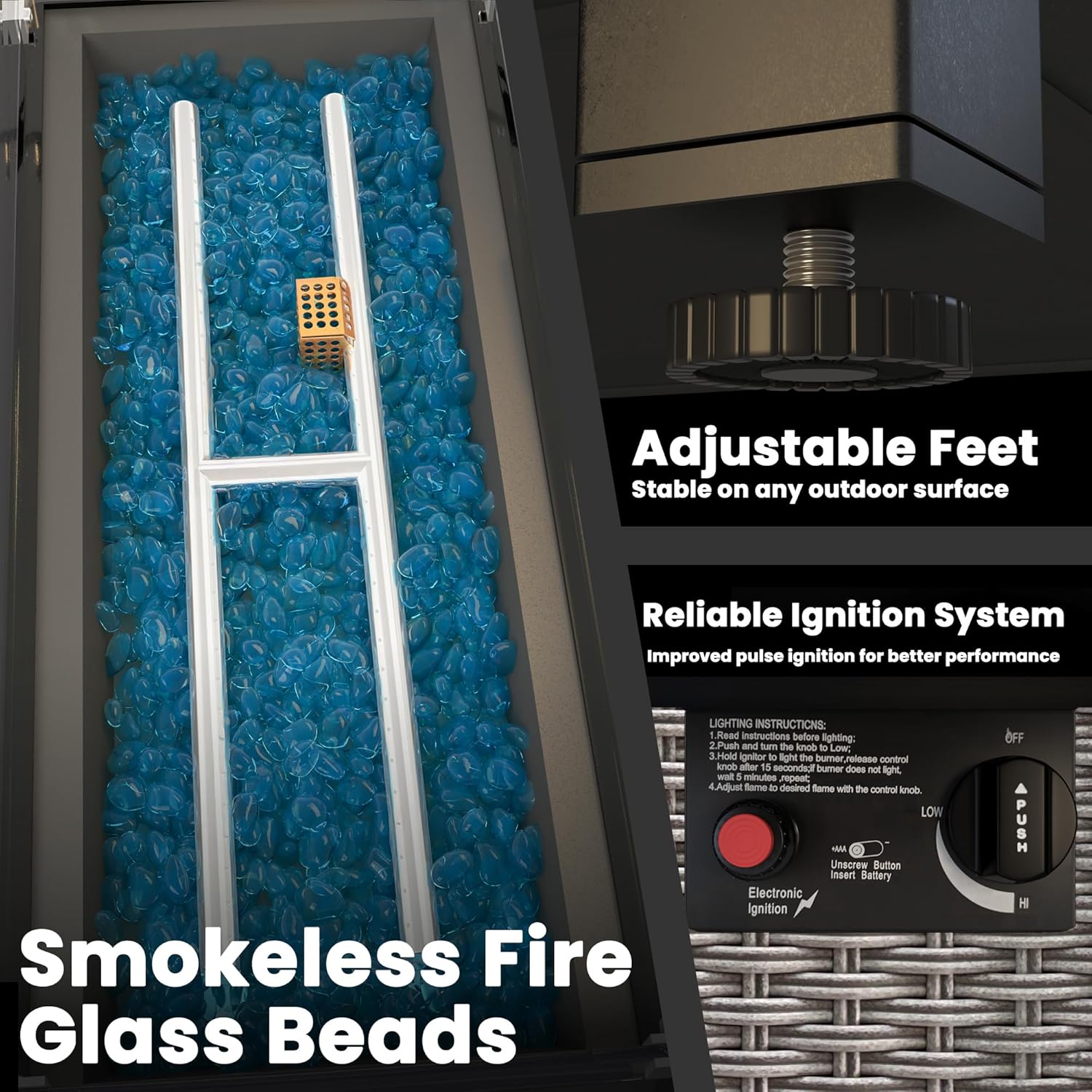 43-Inch Propane Fire Pit Table, Rattan Rectangular Outdoor Gas Fire Pit with Glass Wind Guard, Tempered Glass Tabletop & Lid, CSA Listed, 60,000 BTU, 304 Stainless Steel H-Burner, for Outside Patio