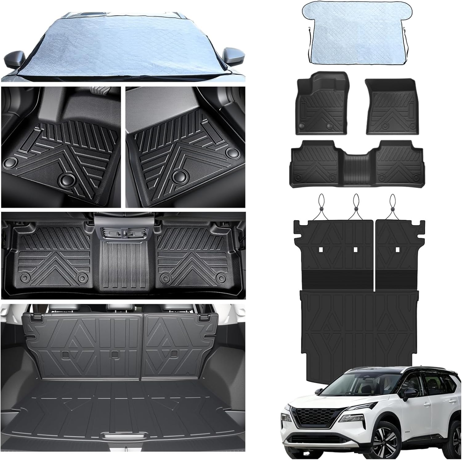 Floor Mats for Nissan Rogue 2021-2026(Not to Sport),All Weather Protection Custom Floor Mats Trunk Cargo and Car Windshield Cover Set for Nissan Rogue Accessories,Car Floor Liners Set,5packs.