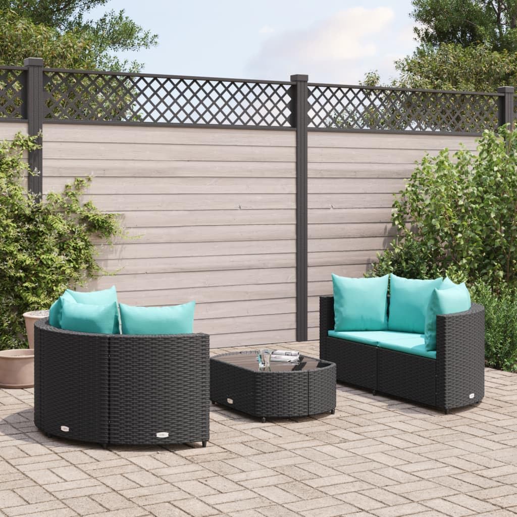 Furniture Sets 5 Piece Patio Sofa Set with Cushions Black Poly Rattan,Premium Outdoor Patio Furniture Set: Comfortable and Durable PE Rattan with Glass Tabletop for Garden and Terrace Garden Conversat