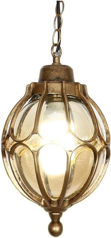 Retro Hanging Lantern Pendant Light - Vintage Bubble Glass Chaner for Porch & Patio - Stylish Outdoor Lighting Fixture for Garden, Deck, and Entryway (Brass 25CM)