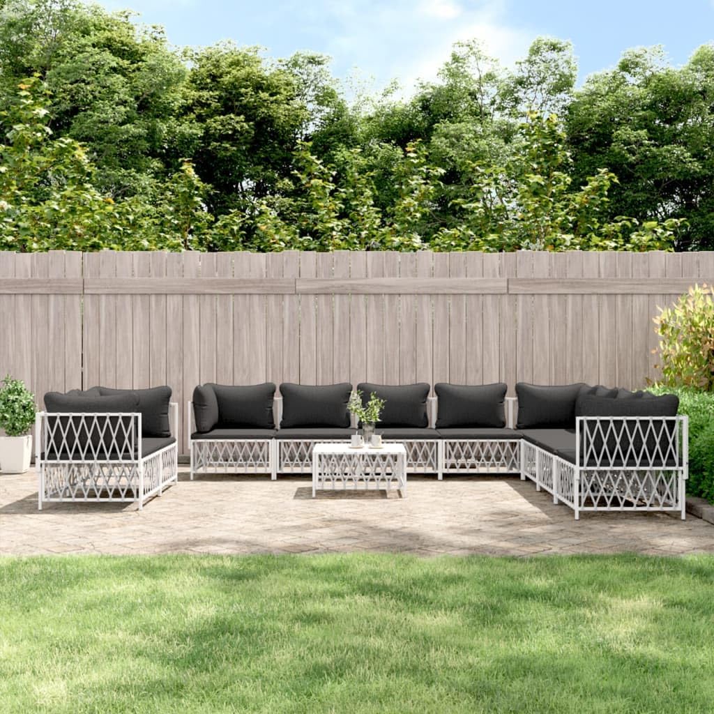 11 Piece Patio Lounge Set with Cushions White Steel,Outdoor Patio Lounge Set Comfortable Wicker Sofa Set with Cushions for Garden, Backyard and Porch Patio Furniture Sets, Outdoor Furniture Sets