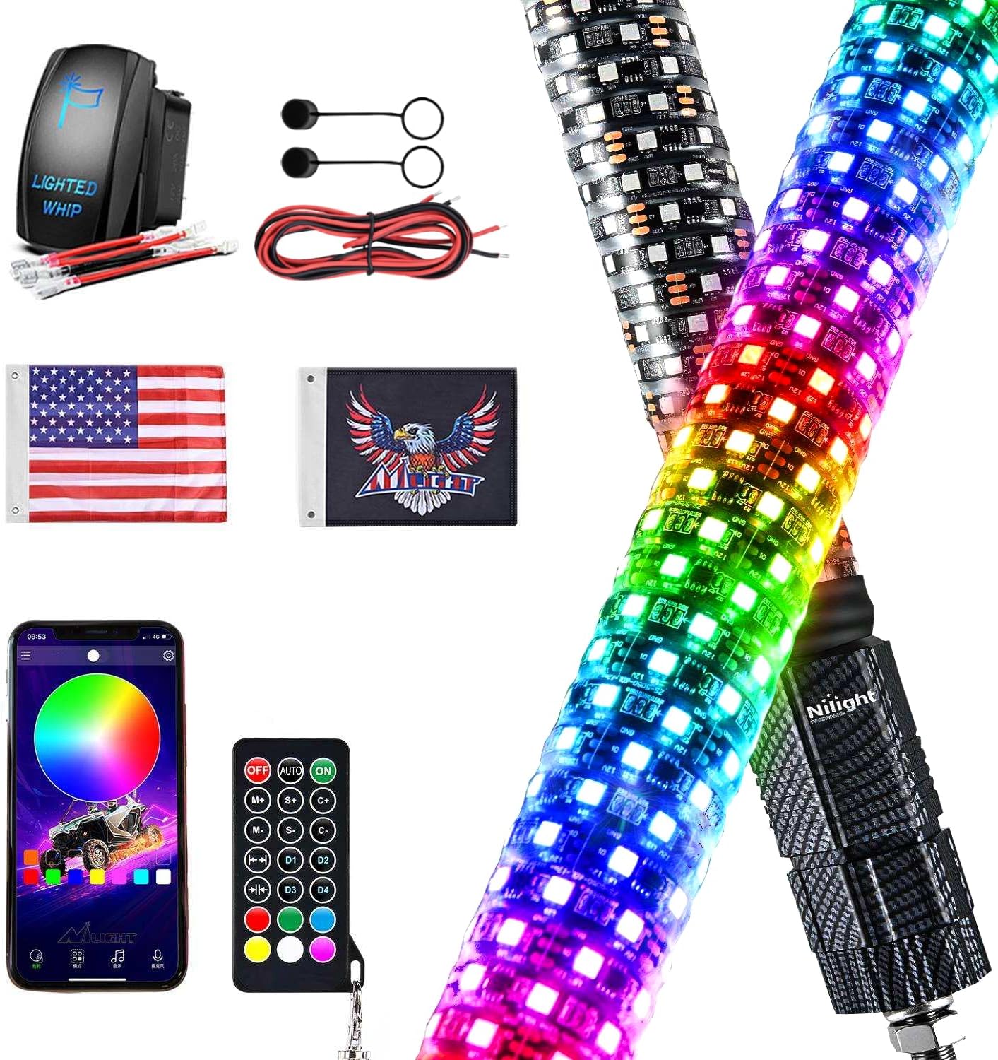 Nilight LED Fat Whip Light 1PC 2FT RGB Lighted Antenna Whips with Remote & App Control DIY Chasing Patterns Brake Reverse Lights for ATV UTV Polaris RZR Can-am Dune Buggy Pickup Trucks Jeep
