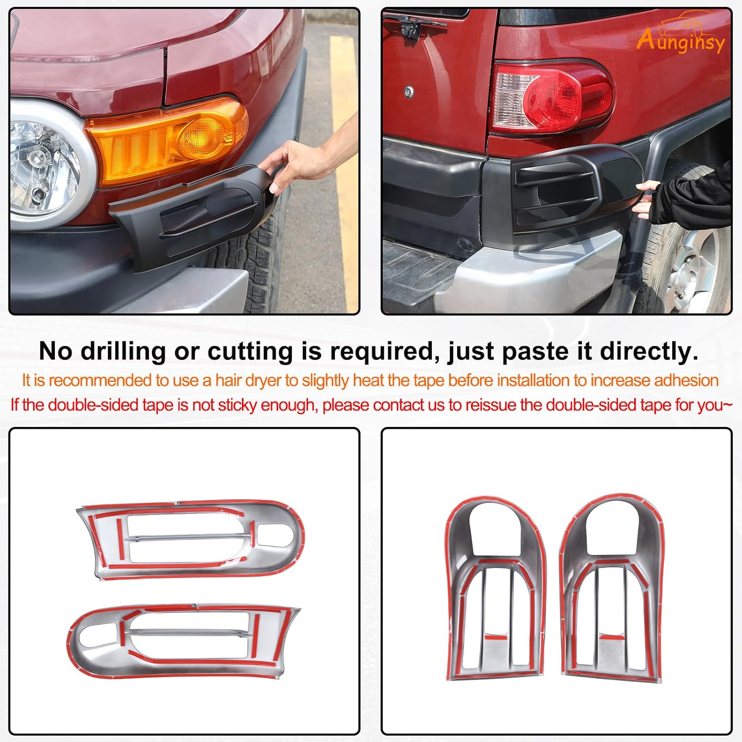 Aunginsy Front Lights & Tail Lights Guard Cover Fit Toyot@a FJ Cruiser 2007-2024 Car Front Fog Light Lamp Cover Tail Light Lamp Cover Decorative Guard Frame Bezels Protection ABS Exterior Accessories