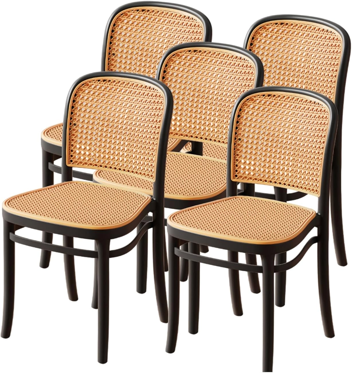 Nordic Mid-Century Rattan Weave Dining Chair,Modern Open Back Dining Side Chair Set,Indoor-Outdoor Dining Chairs for Restaurant Dining Room Cafe, Black-5-Pcs