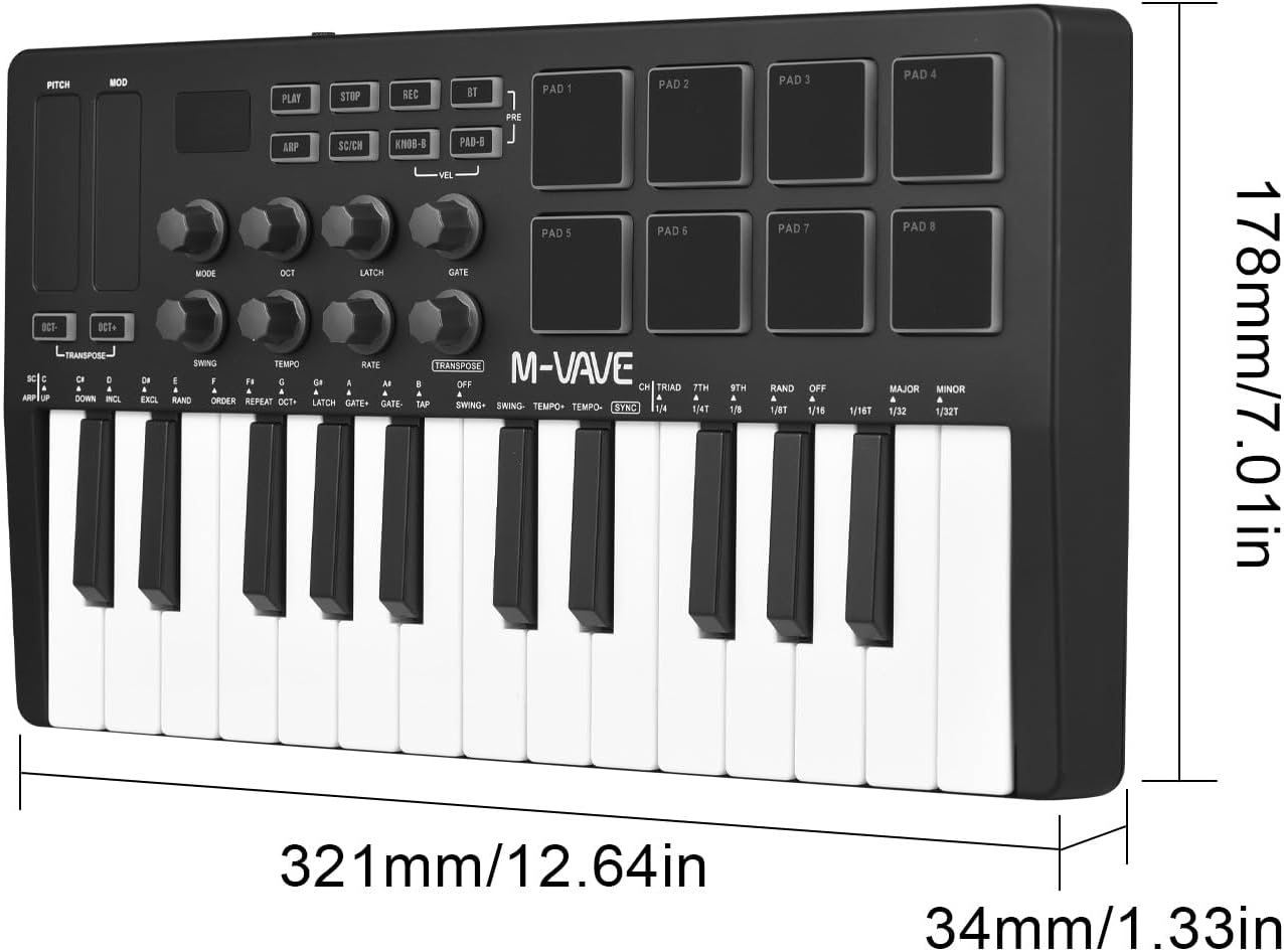 25-Key MIDI Control Keyboard Mini Portable USB Keyboard MIDI Controller with 25 Velocity Sensitive Keys 8 RGB Backlit Pads 8 Knobs
