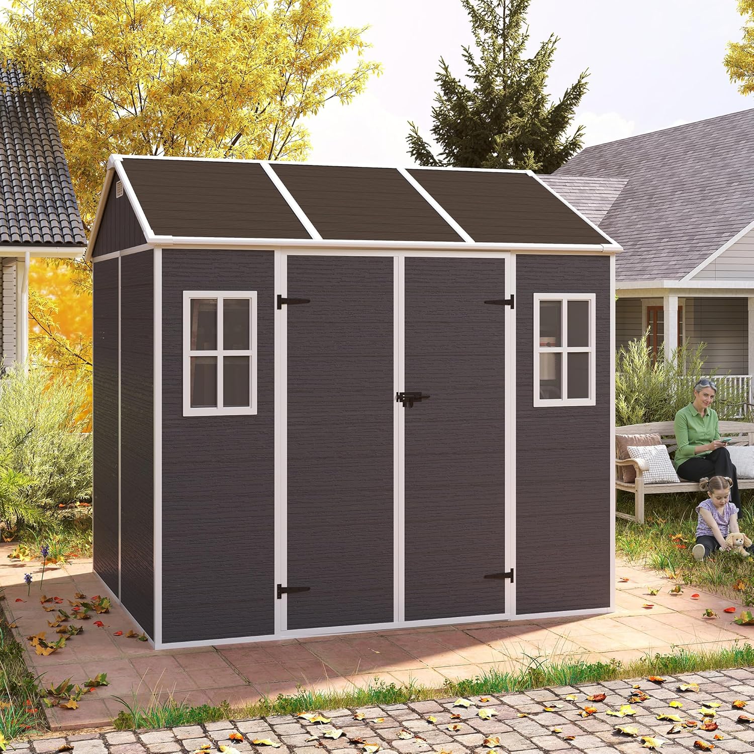 Outdoor Storage Shed Waterproof Metal Garden Tool Bike Sheds Kit Lean to Shed Backyard Storage Building Cabinet House Large Plastic Shed,Dark Gray 8 * 7ft