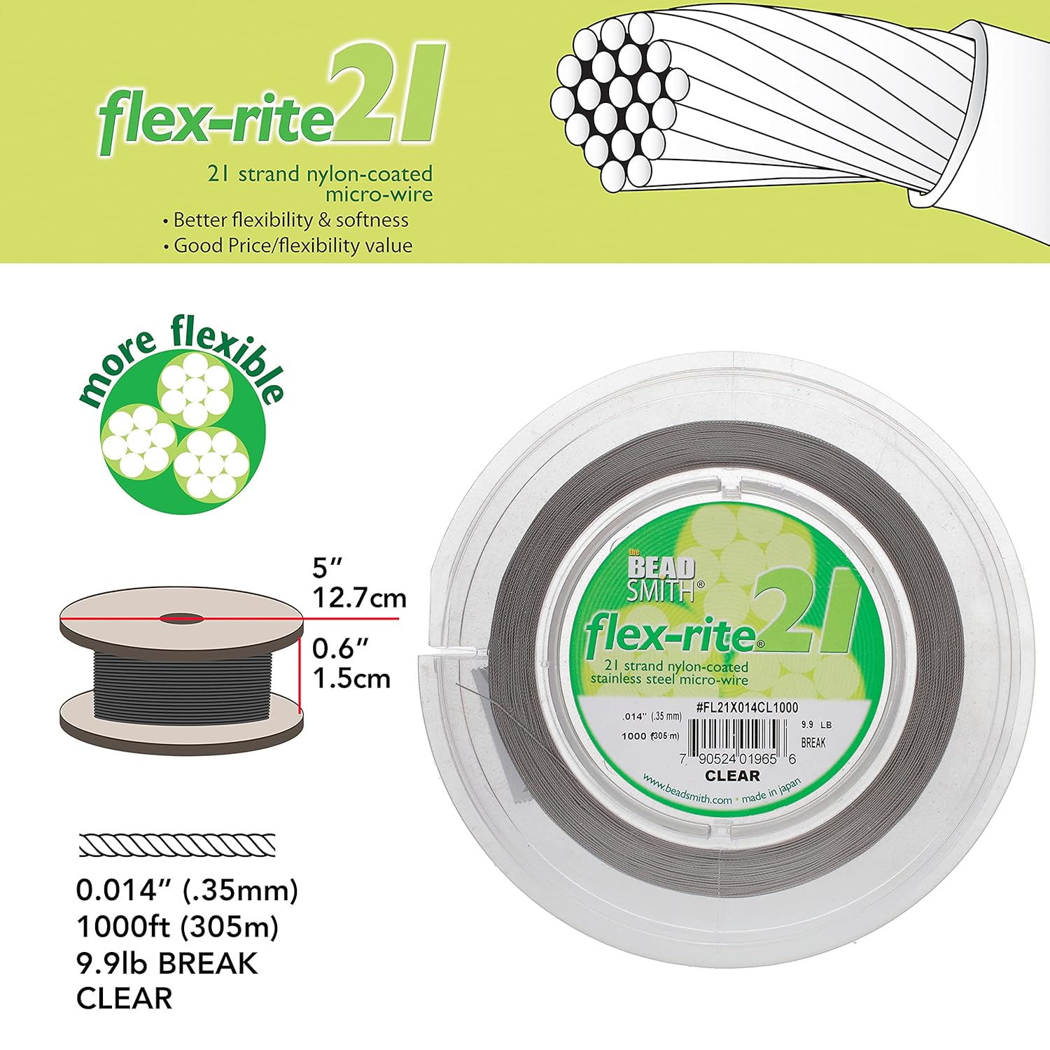 The Beadsmith Flex-Rite 21 Strand Nylon Coated, Stainless-Steel Beading Wire, Jewelry Making Supply (.014 Dia, Clear - 1000 Ft)