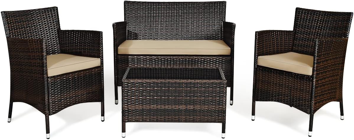 COSTWAY 4PCS Rattan Patio Furniture Set, Outdoor Wicker Rattan Chairs with Coffee Table, Rattan Cushioned Conversation Set for Backyard Balcony Porch Poolside, Brown