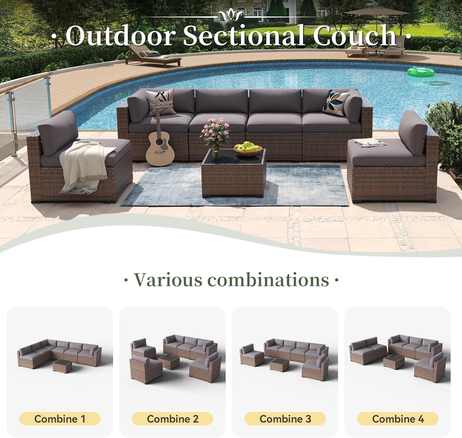 Aoxun 7 Piece Patio Furniture Set Wicker Rattan Patio Conversation Set Outdoor Sectional Sofa Set with Coffee Table and Thickened Cushions, Grey(Waterproof Cover Included)