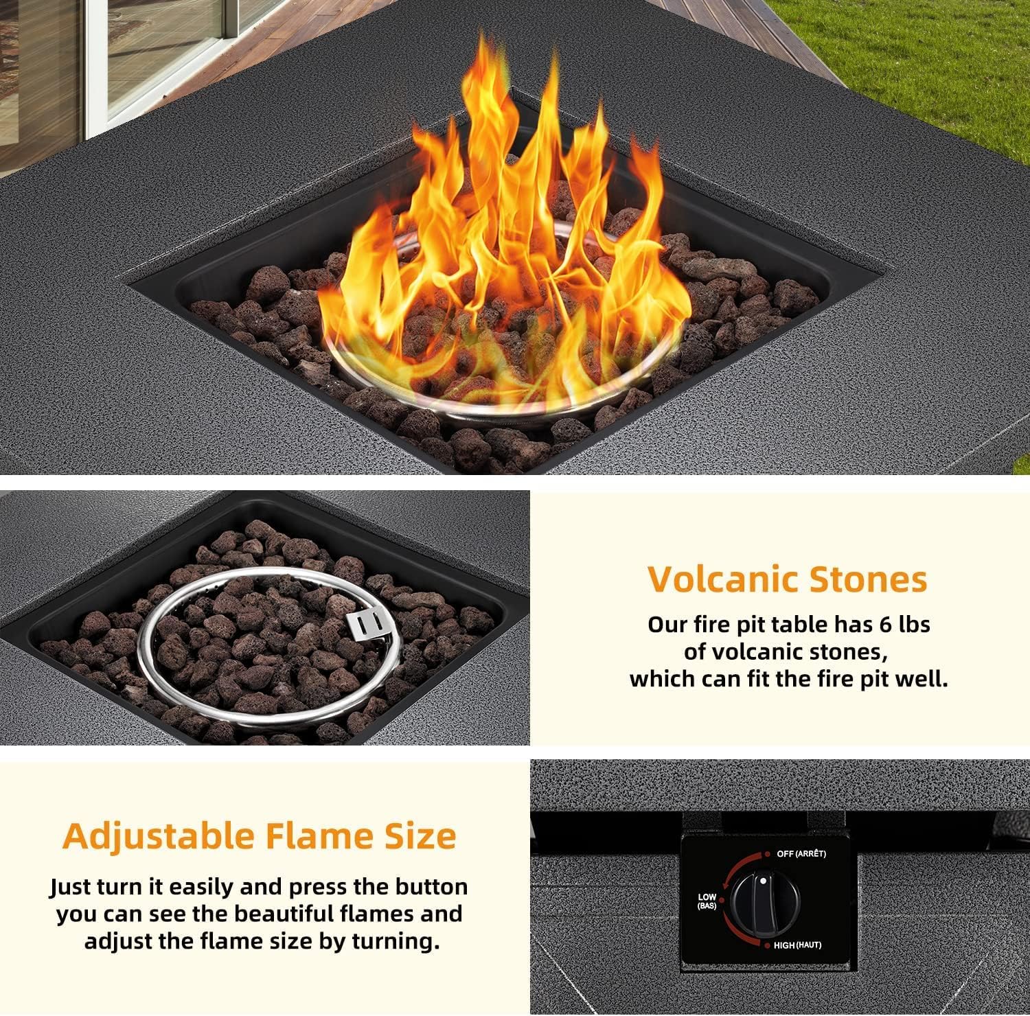Xbeauty 28in Gas Fire Pit Table, 50,000 BTU Outdoor Propane Firepit,40,000 BTU Auto-Ignition Fire Tables with Lid, Rain Cover and 3 Pounds Lava Stones for Outside Garden Backyard Deck Patio (Square)